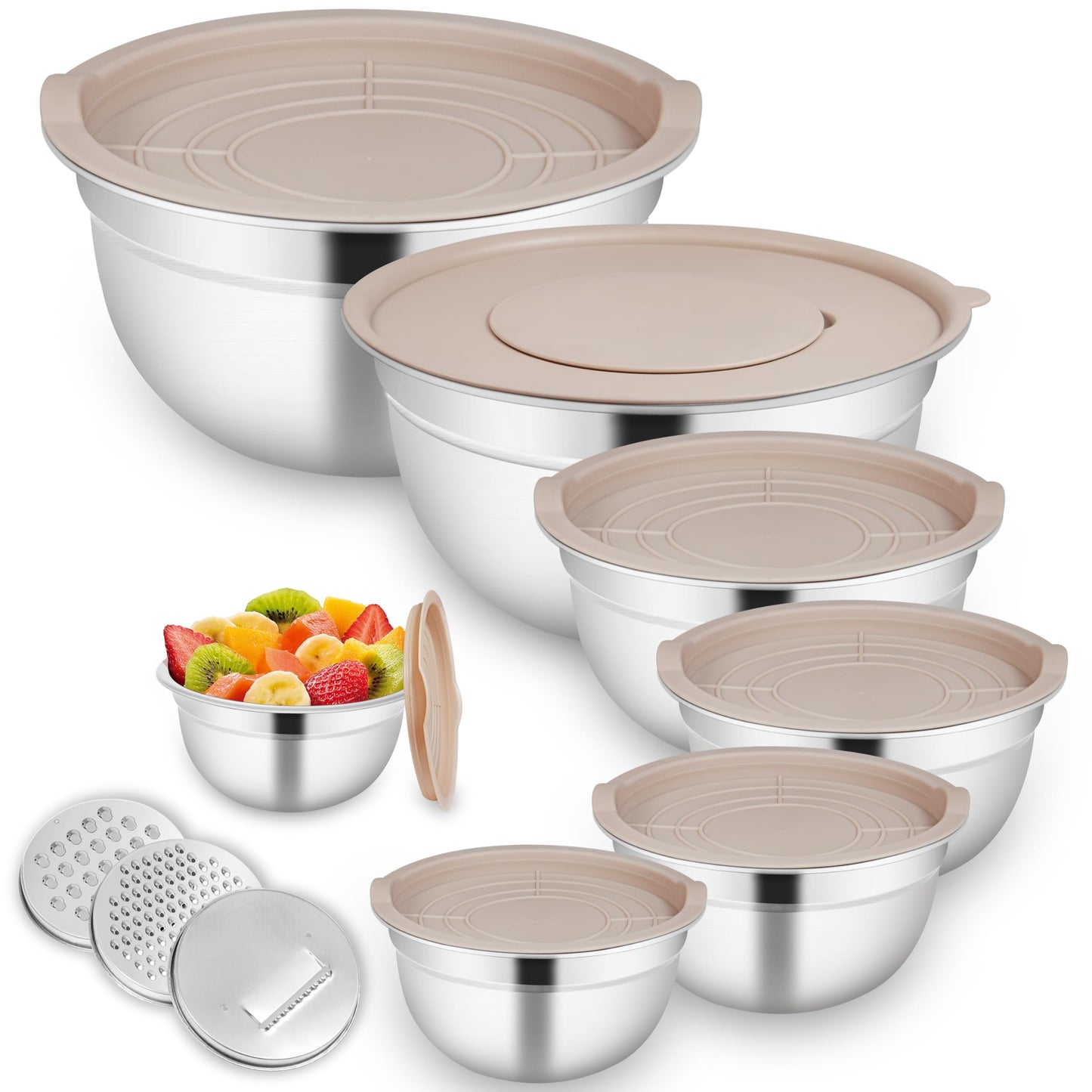 Mixing Bowls with Airtight Lids for Kitchen, 7 Piece Stainless Steel Metal Nesting Storage Bowls, 3 Grater Attachments, Size 4.5, 3.6, 2.7, 2.1,1.7, 1.1,0.7QT for Mixing, Baking & Serving Food