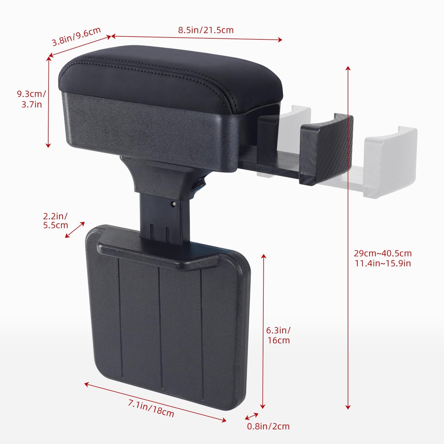 Car Armrest Storage Box with Cup Holder, Adjustable Height Elbow Support Arm Rest Box Pad, Center Console Organizer for Most Vehicles