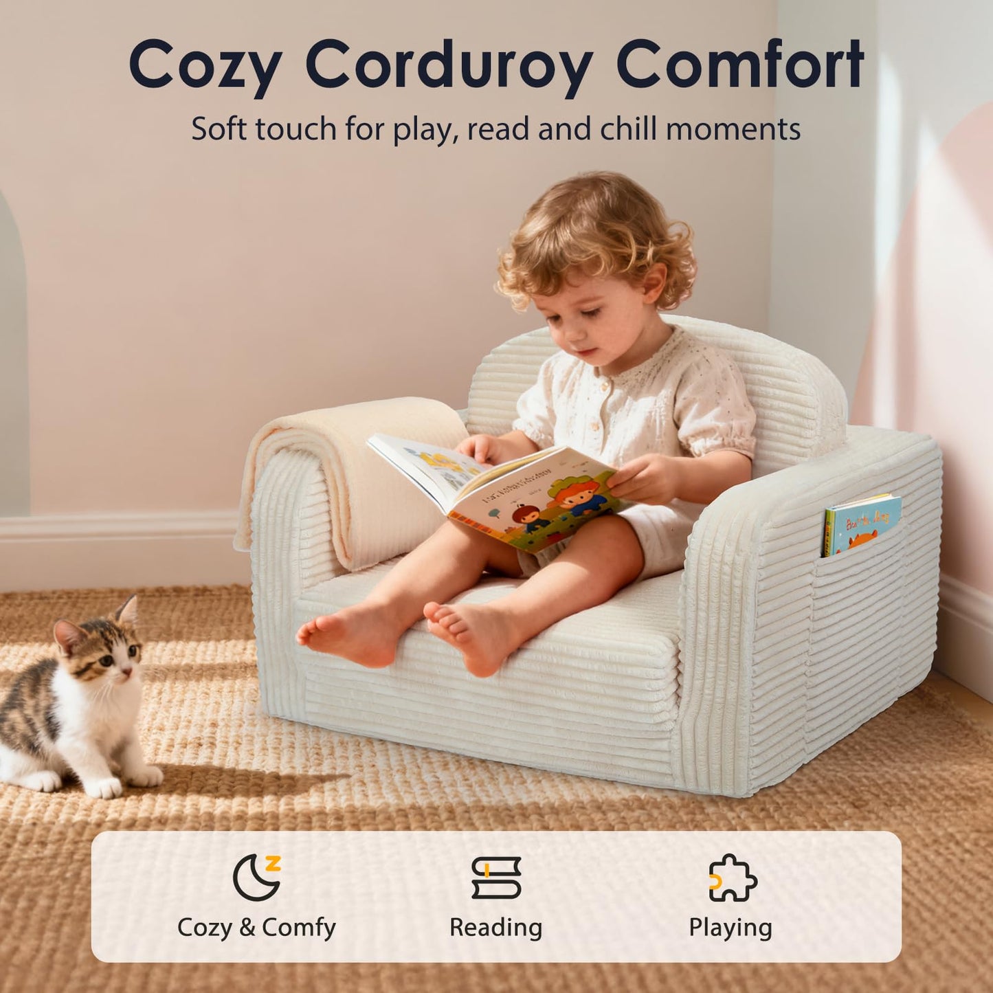 2 in 1 Convertible Kids Couch - Corduroy Fold Out Kids Sofa Chair with Blanket, Comfy Comfortable Toddler Chair, Machine-Washable Cover, for Boys Girls, Medium Beige