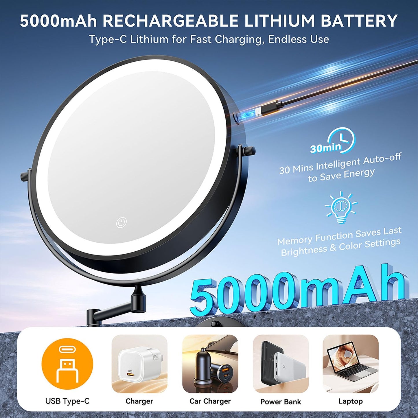 Auxmir 5000mAh Rechargeable Wall Mounted Makeup Mirror, 1X/30X Double Sided Magnifying Bathroom Mirror, 10" Lighted Vanity Mirror with 3 Color Modes, Touch Dimmable, 360° Swivel Extended Arm, Black
