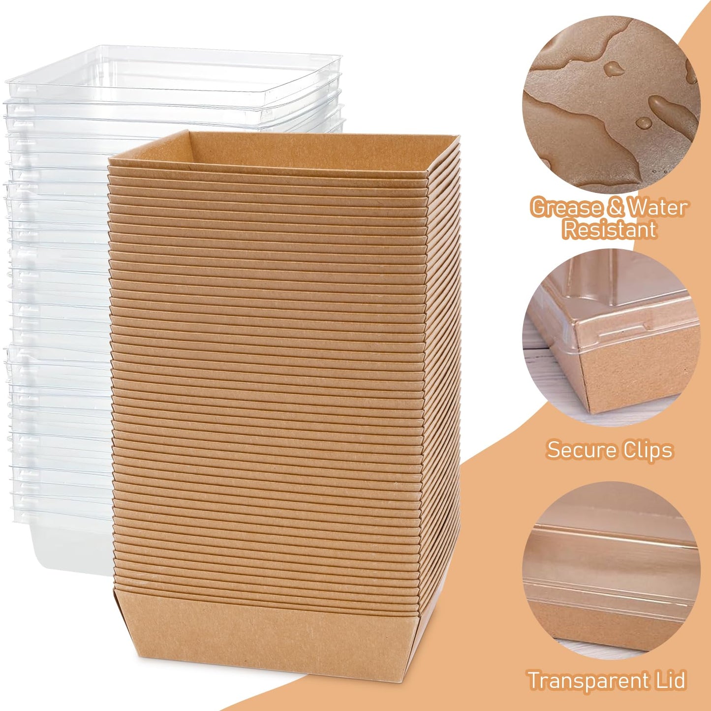 100 Pack Charcuterie Boxes with Clear Lids, Disposable Paper Sandwich Boxes,Square To Go Containers for Bakery Desserts, Strawberries, Cake Slice and Cookies