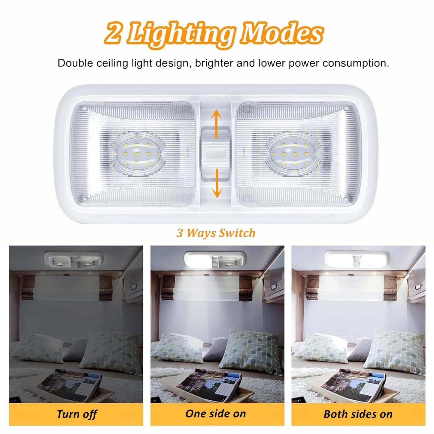 BlueFire RV Interior Lights, DC 12V RV Ceiling Double Dome Lights, 4000–4500K LED Camper Lights with Switch for RV Camper Motorhome Caravan Trailer Boat(2 Pack)