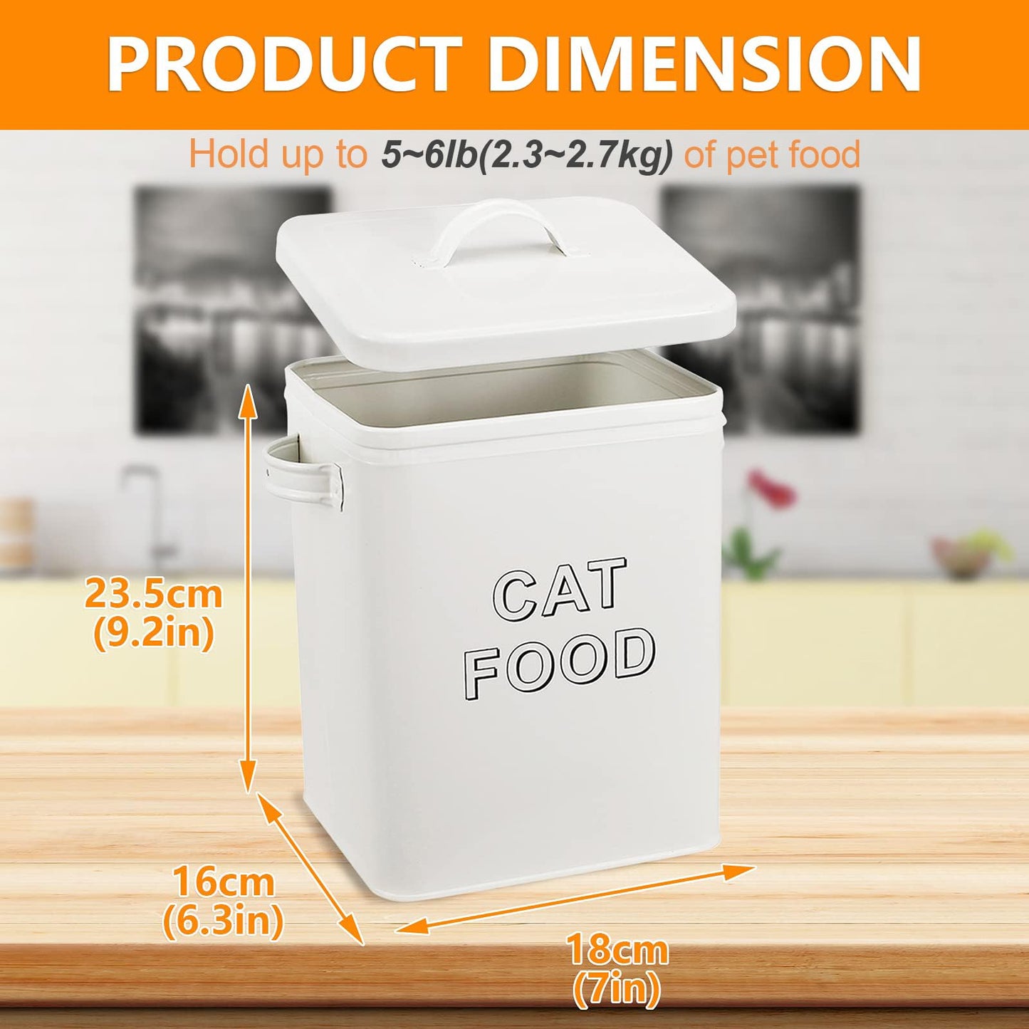 Pethiy Cat Food and Treats Containers Set with Scoop for Cats or Dogs -Tight Fitting Wood Lids - Coated Carbon Steel - Storage Canister Tins-Cat-White