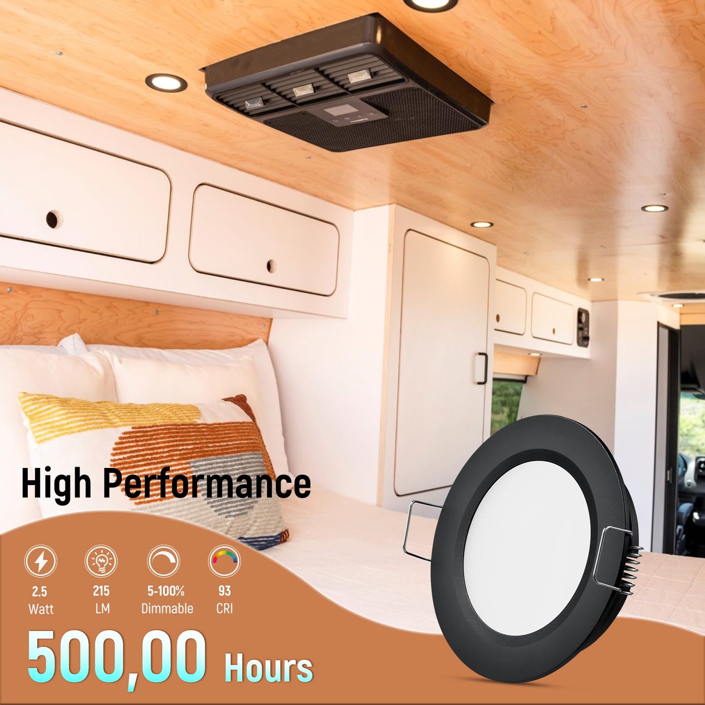 Obeaming 8 Pack 12 Volt LED Puck Light RV Recessed Mount Ceiling Light 2.75” 12V Down Light for Camper Van Truck Boat Interior Ceiling Kitchen Cabinet Lighting CRI 93 (Black/Warm White)