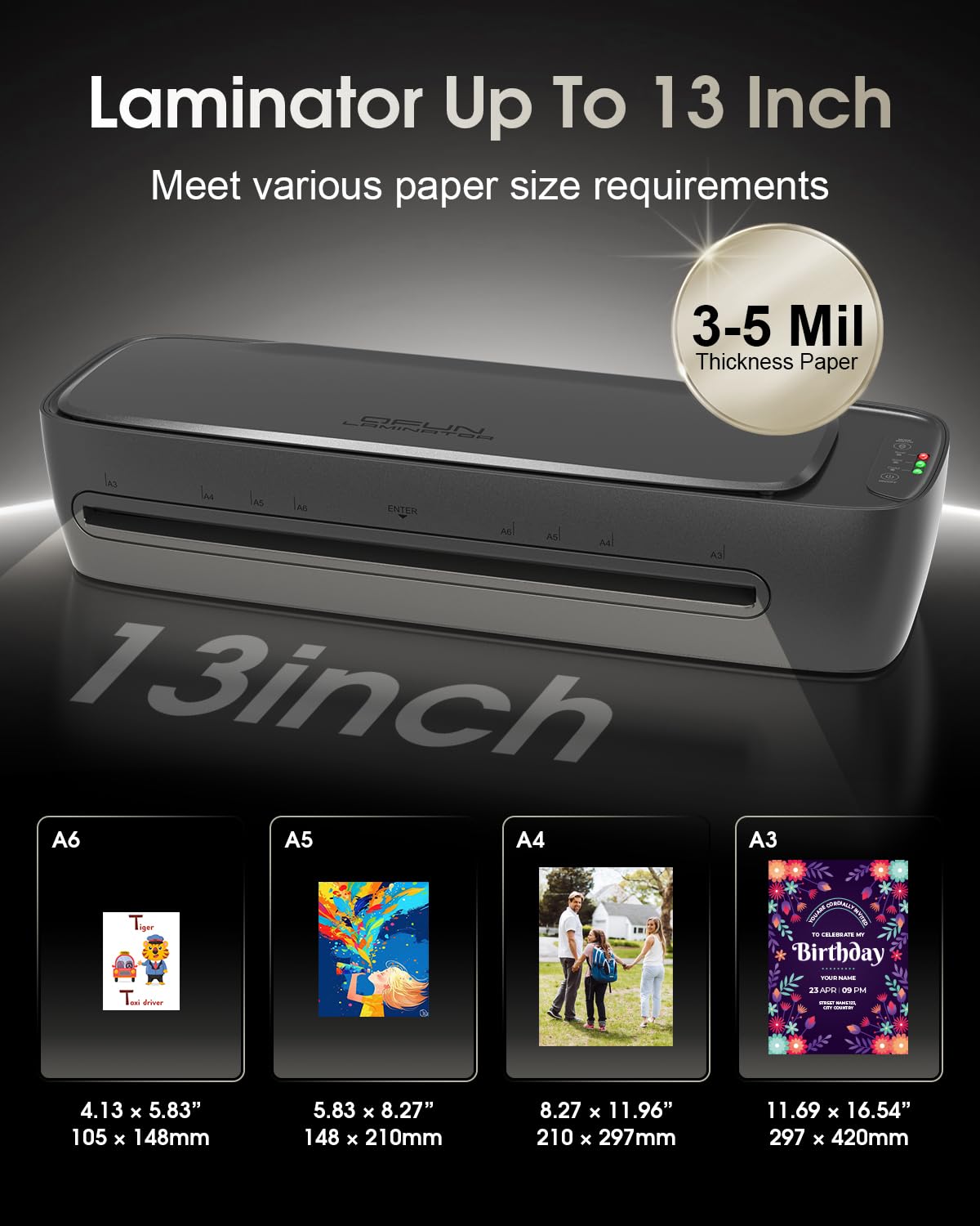 Qfun Laminator Machine 13 inch, Never Jam Thermal Laminator with NTC Constant Temp & 60s Warm-Up, 9-in-1 Hot & Cold Office Laminating Machine with 30 Laminating Sheets for School Home Gift