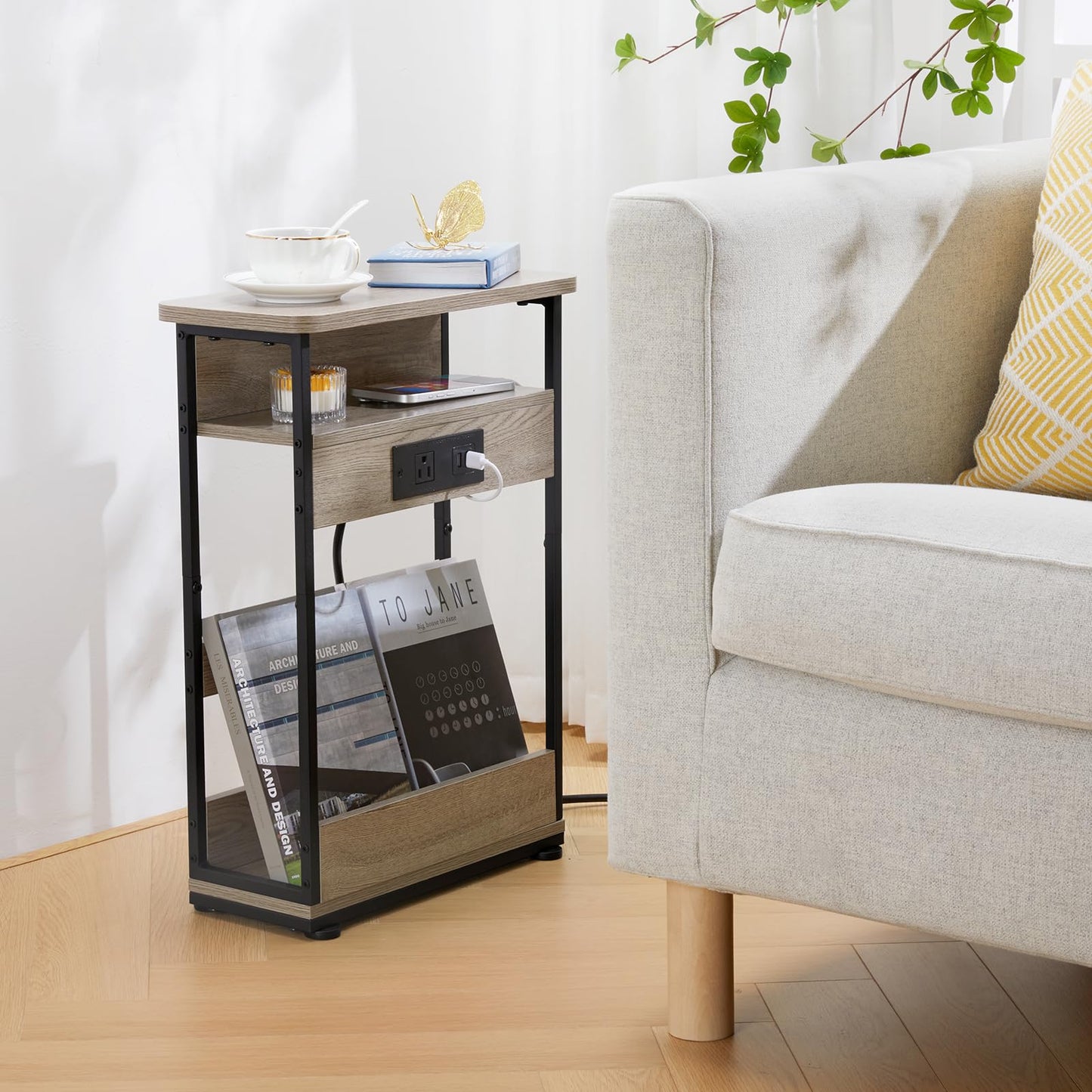 Small Narrow Side Table with Charging Station for Small Space, 3-Tier Accent Couch Beside Table with USB Ports & Power Outlets, Sofa Side Table for Living Room Bedroom Apartment (USB Charger, Oak)