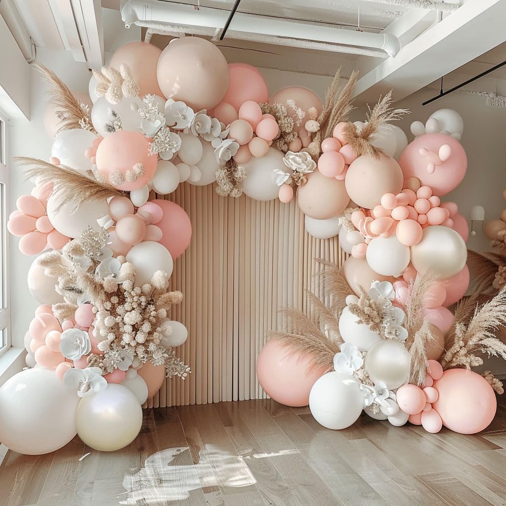 Pink White Balloon Garland Double Stuffed Peach Balloons Cream Beige Pastel Pink Balloon Arch Kit Pearl Sand White Balloons for Baby Shower Birthday Wedding Anniversary Party Decoration