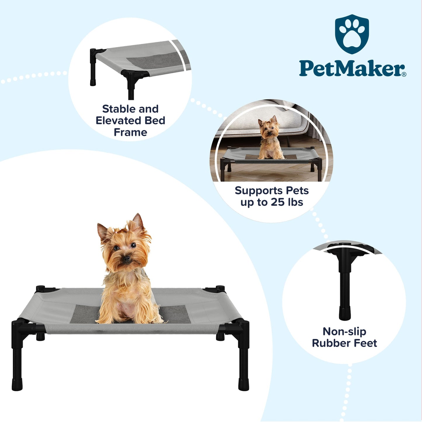 PETMAKER Elevated Pet Bed-Portable Raised Cot-Style Bed w/Non-Slip', 24.5”X 18.5”X 7” for Dogs, Cats, & Small Pets-Indoor/Outdoor Use (Gray) , Grey