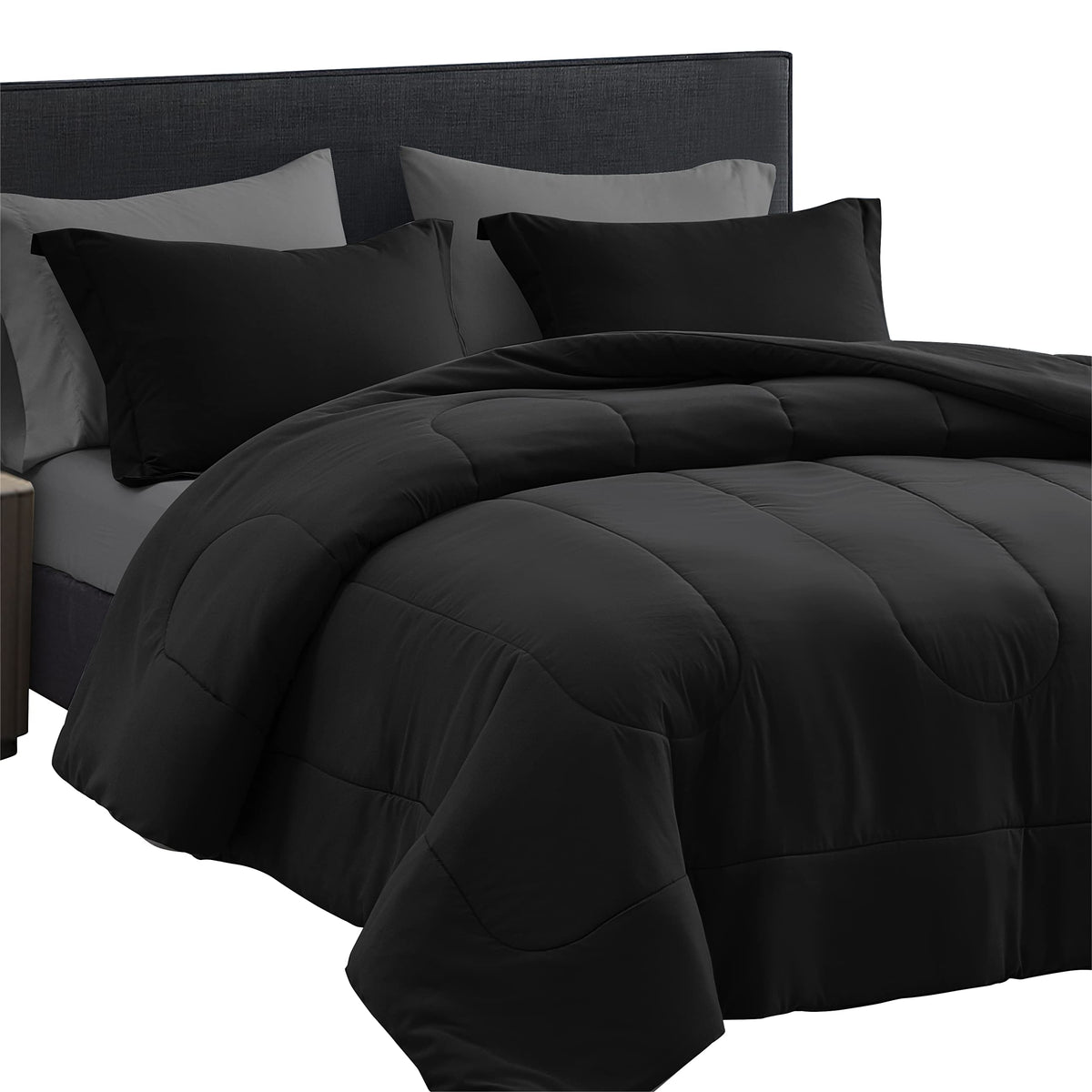 Maple&Stone Double Bed Comforter Set, 7 Pieces Bed in a Bag Double/Full with Comforter, Sheets, Pillowcases & Shams, Bedding Set Double, Black