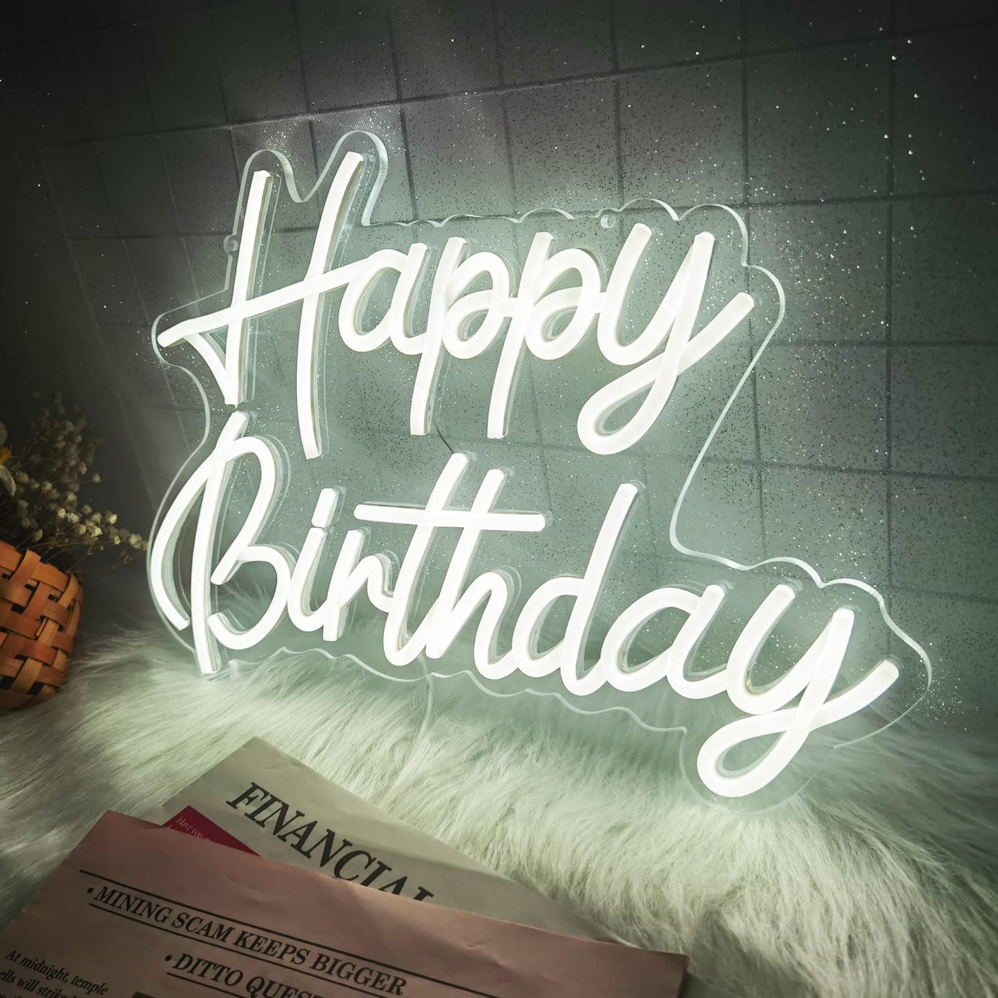 Happy Birthday Neon Sign Reusable White LED Neon Night Light Birthday Party Decorations USB Operated Decorative for Backdrop Party Bedroom Wall Décor 5v,16.5"*11"