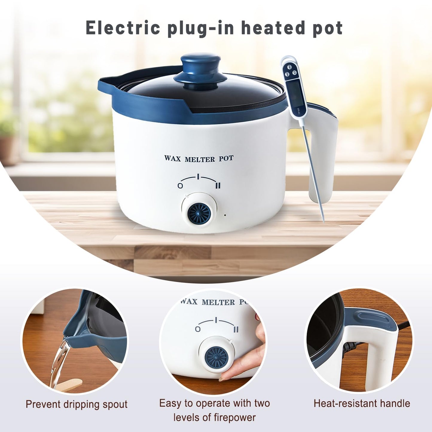 Candle Wax Melting Pot with Spout, Electric Wax Melter for Candle Making, Small Candle Making Pouring Pot with Heat-Resistant Handle, Double Boiler Pot for Adult (electric wax melter with thermometer)