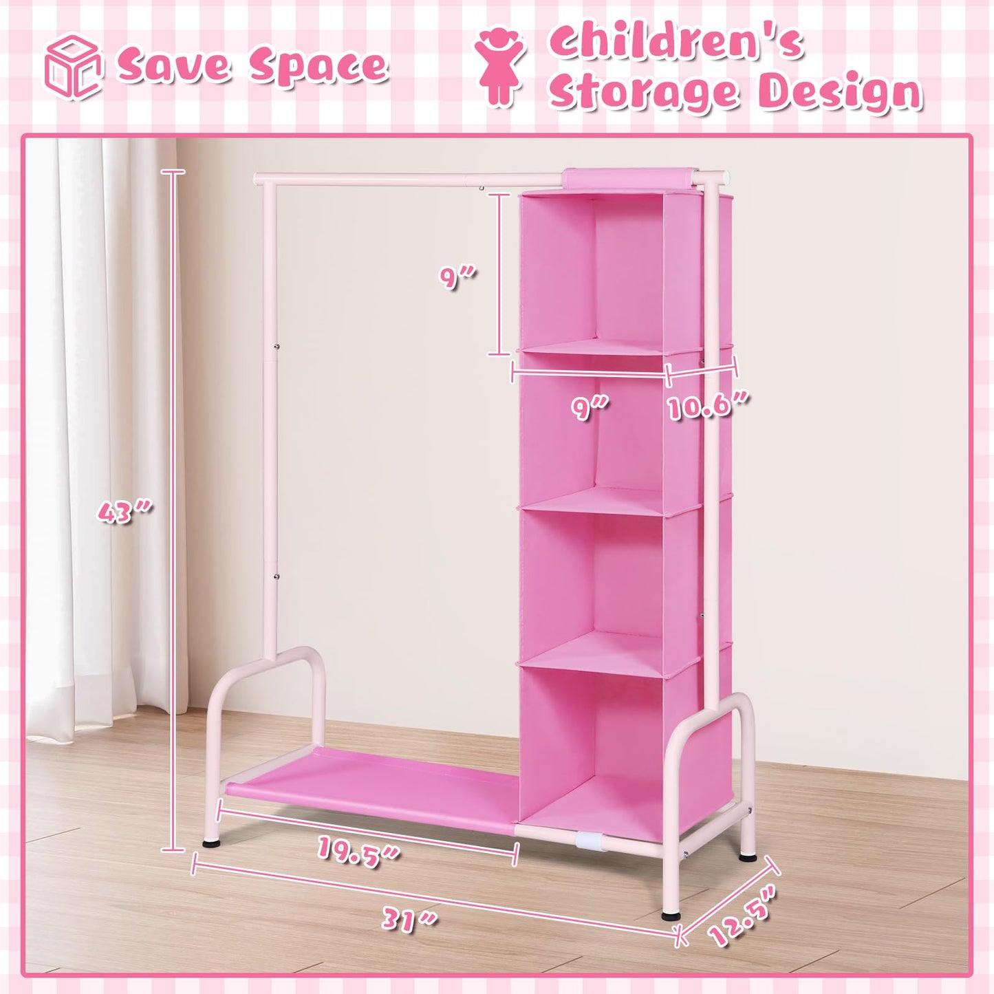 Univivi 43 inch Kids Clothing Rack with Hanging Organizer,Toddler Dress Up Storage Rack for Baby Clothes,Dance Costumes,Kids Wardrobe Closet for Hanging Clothes,Pink/Pink