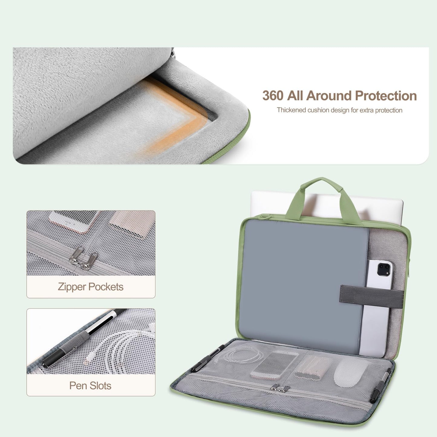 MOSISO 360 Protective Laptop Shoulder Bag, 15-15.6 inch Double Layer Fluffy Padded Laptop Bag with Anti-theft Zipper Compatible with MacBook Pro 16/Air 15, HP Dell Lenovo Asus Notebook, Antique Green
