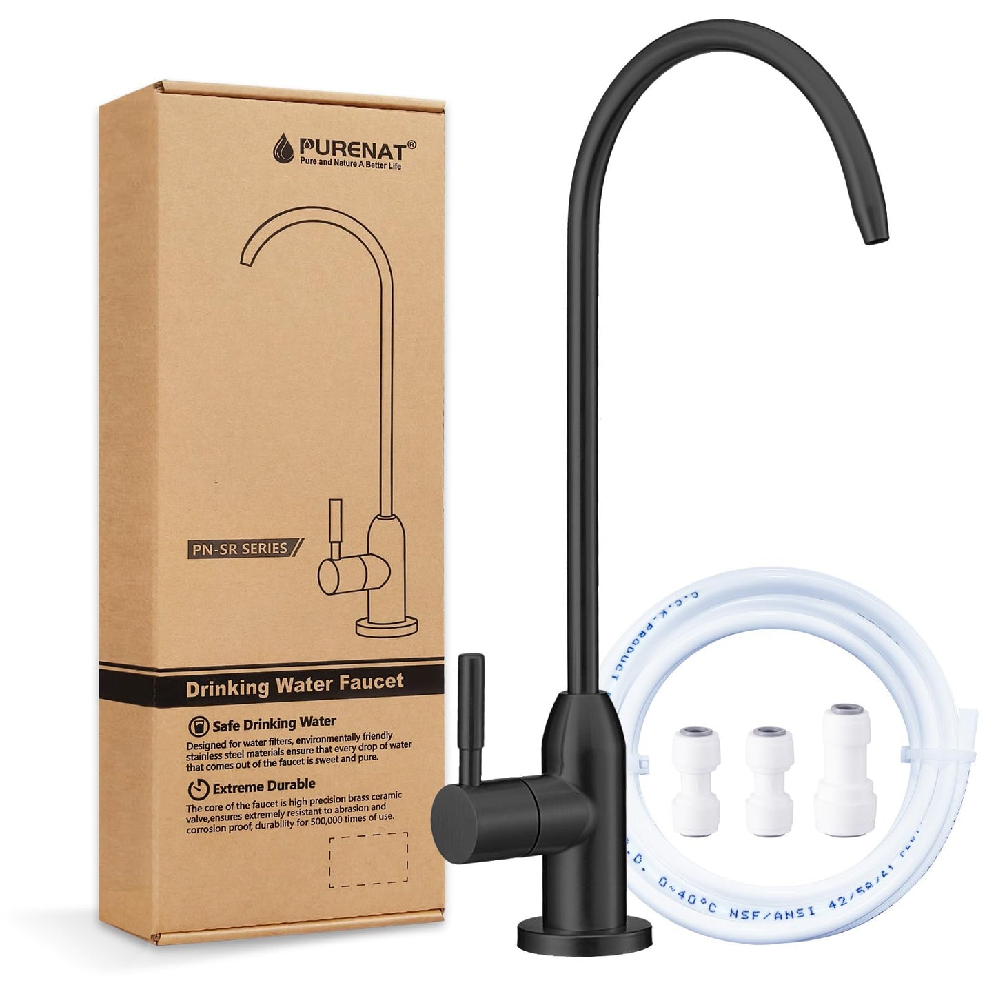 Drinking Water Faucet - Long Thread Stem Filtered Water Tap for Thick Countertop,Lead-Free RO Faucet with Hose and Push Connect Fittings(Matte Black)