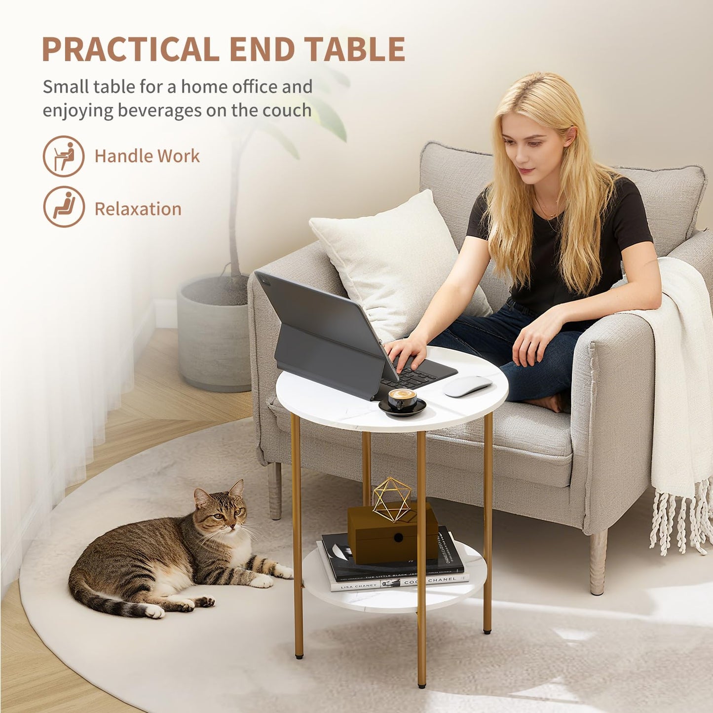 CAMOAT Side Table,Round End Table with 2 Storage Shelves| Compact Side Tables for Living Room, Couch, Office & Bedroom | Narrow Accent Table as Space-Saving Small Bedside Table (Marble White)