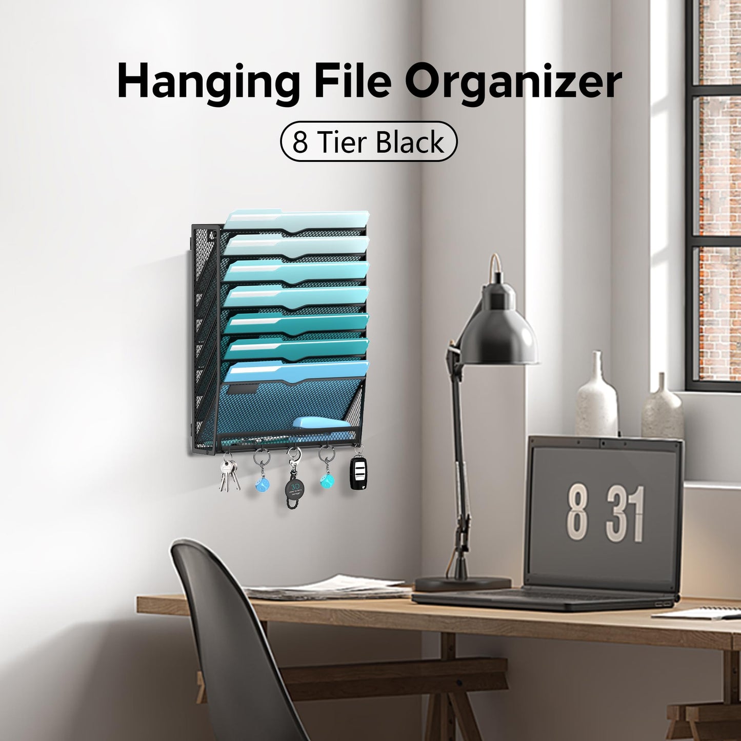 JMHUD 8-Tier Hanging Wall File Organizer with 5 Hooks, Mesh Wall File Holder Vertical Mount Mail Organizer for Papers, Folders, Magazines, Bills, Office and School, Black