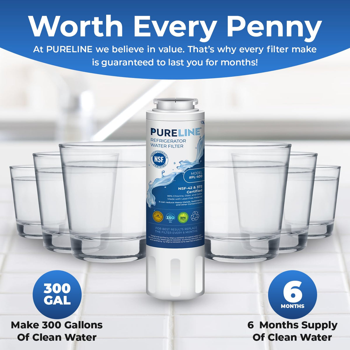 Pureline UKF8001 Water Filter Replacement for Everydrop Filter 4, EDR4RXD1, UKF8001, UKF8001AXX-200, UKF8001AXX-750, Whirlpool 4396395, WRS322FDAM04, WRX735SDHZ00, and Many More Models. (3 Pack)