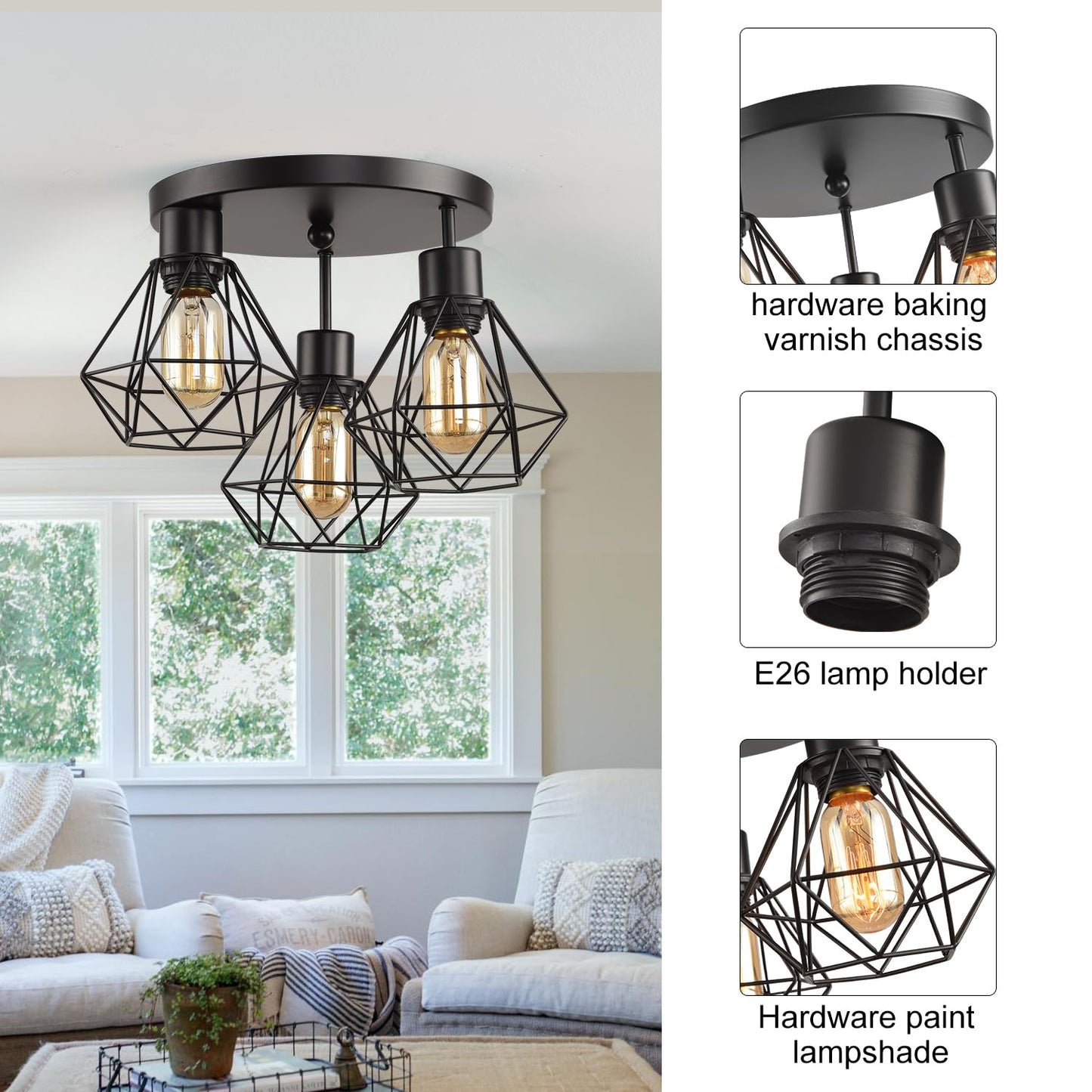 3 Lights Industrial Ceiling Light Fixtures,Iron Cage Ceiling Lamp Pendant Lighting,3-Light Close to Ceiling Light Fixtures, Modern Chandelier for Bedroom Entryway Kitchen Hallway