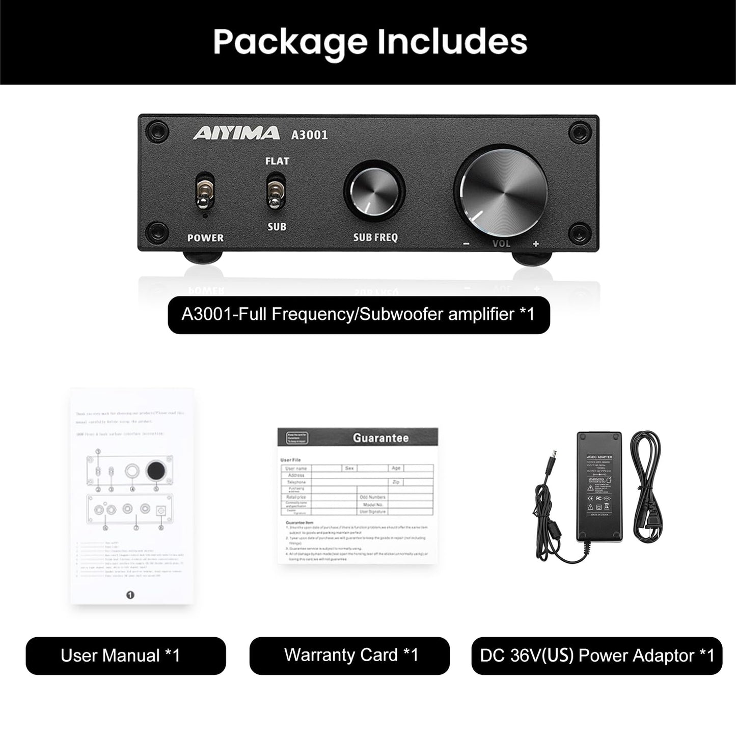 AIYIMA A3001 Mini Mono Amp 300W Subwoofer Amplifier TPA3255 Class D Amp with Full-Frequency & Sub Bass Home Audio Speaker amp+ DC36V 6A Power Adapter