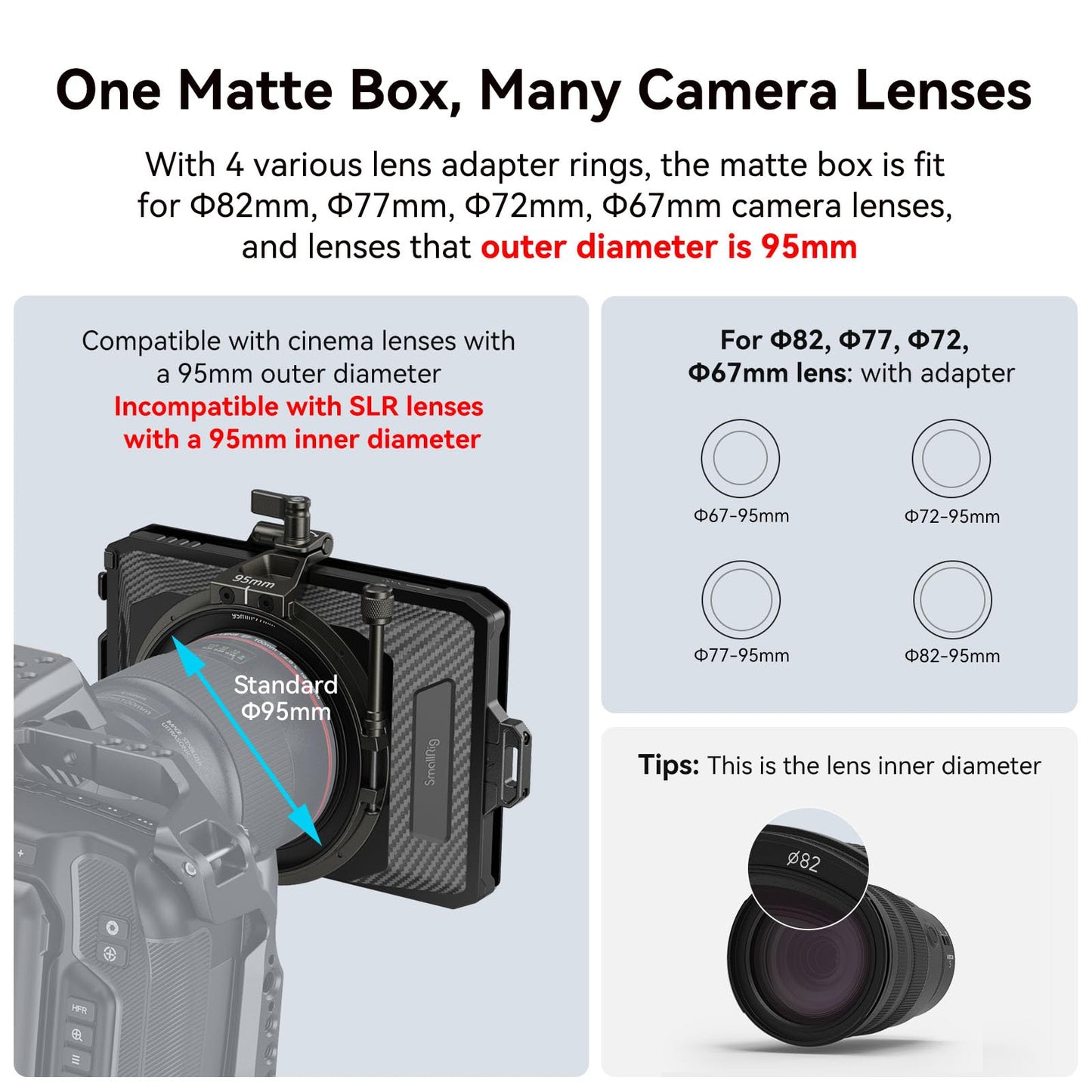 SmallRig Mini Matte Box Lite with Top Flag for DSLRs and Mirrorless Cameras, Compatible with 67mm/72mm/77mm/82mm/95mm Lenses, Comes with Filter Tray - 3575