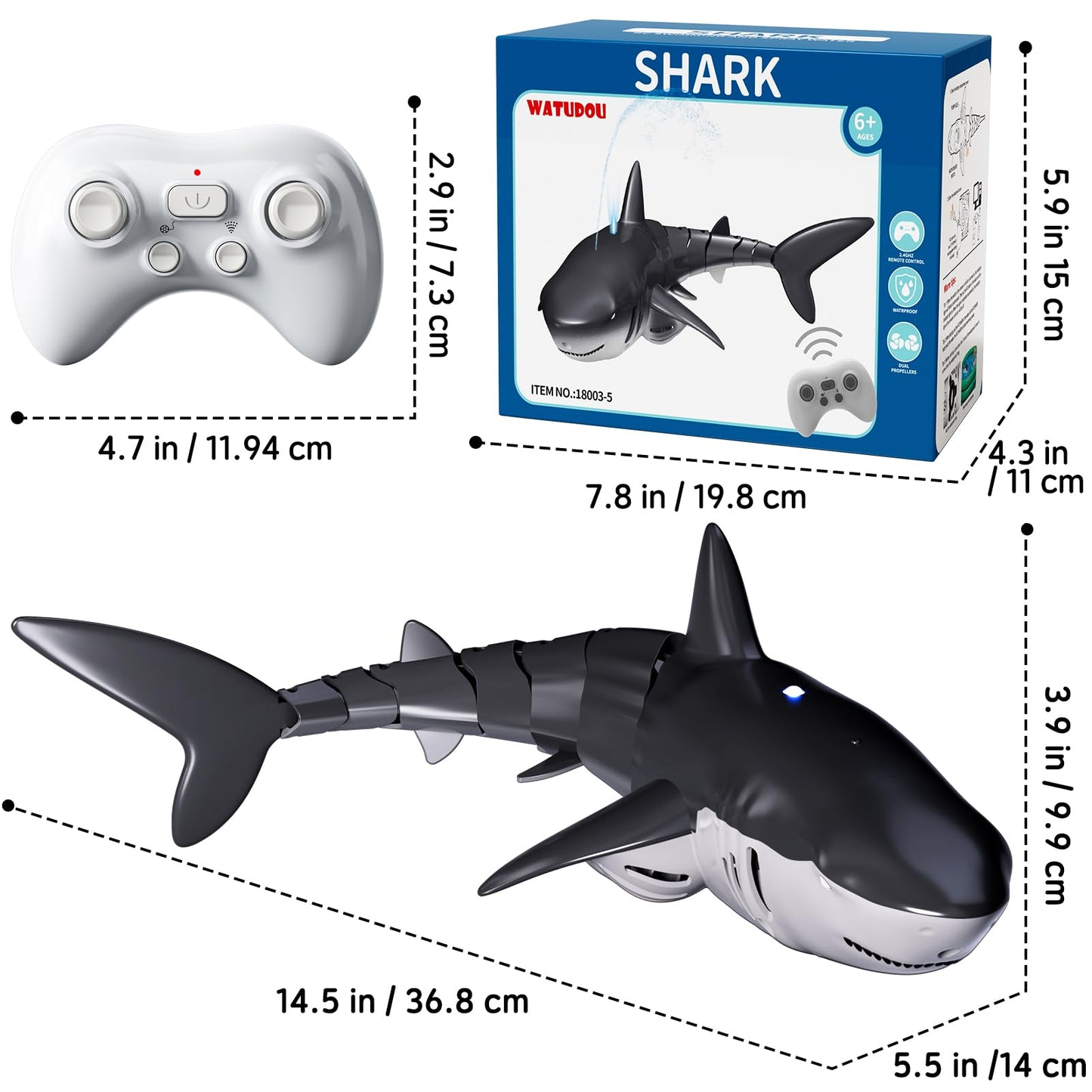 Remote Control Shark Toys for Boys Kids, 1:18 Scale High Simulation Shark for Pool, 2.4Ghz Electric RC Shark Boat Fish Toys with Light & Spray, Toy Shark Gifts for 5 6 7 8 9 Year olds Kid Boys Girls