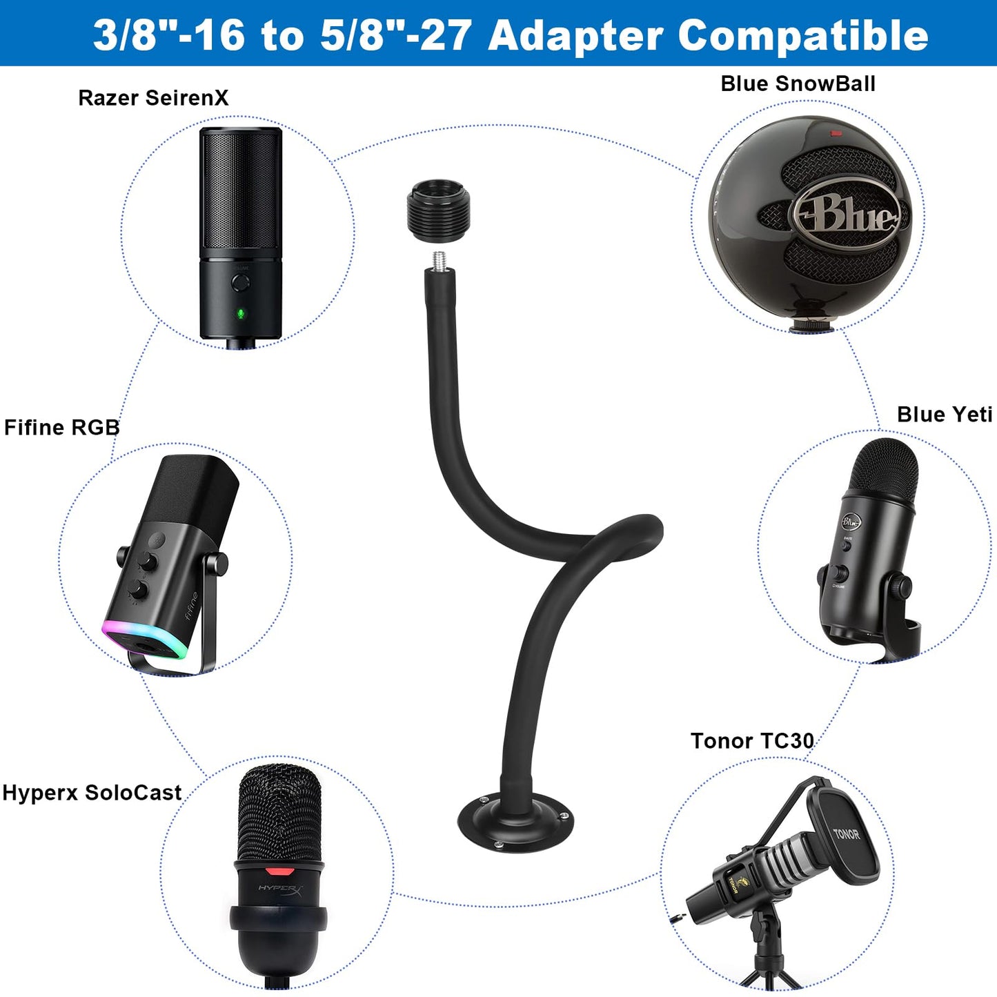 Microphone Holder - 23.6 inch Long Arm Gooseneck Desktop Mic Stand,Mic Arm Wall Mount,Metal Base Mic Clip 3/8" to 5/8" Adapter for Walls/Desk/Podium,Compatible with Shure/Fifine/AT2020/Pyle/Razer