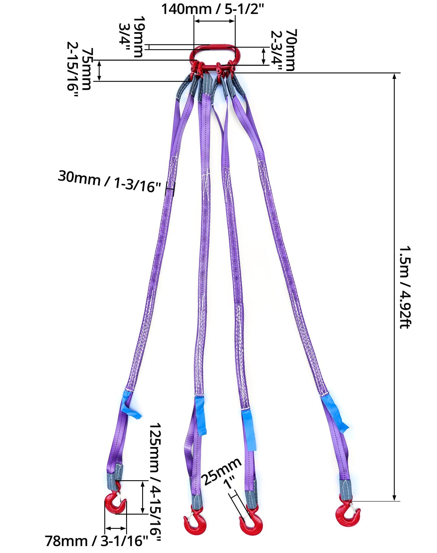 QWORK 5Ft Chain Sling, 3T Sling Chain, 6600lbs Chain Hoist, with 4 Legs Grab Hook and Adjuster, G80 Alloy Steel Engine Lift Chain Link Eye Hook Complete Rigging for Safe Towing and Handling of Cargo