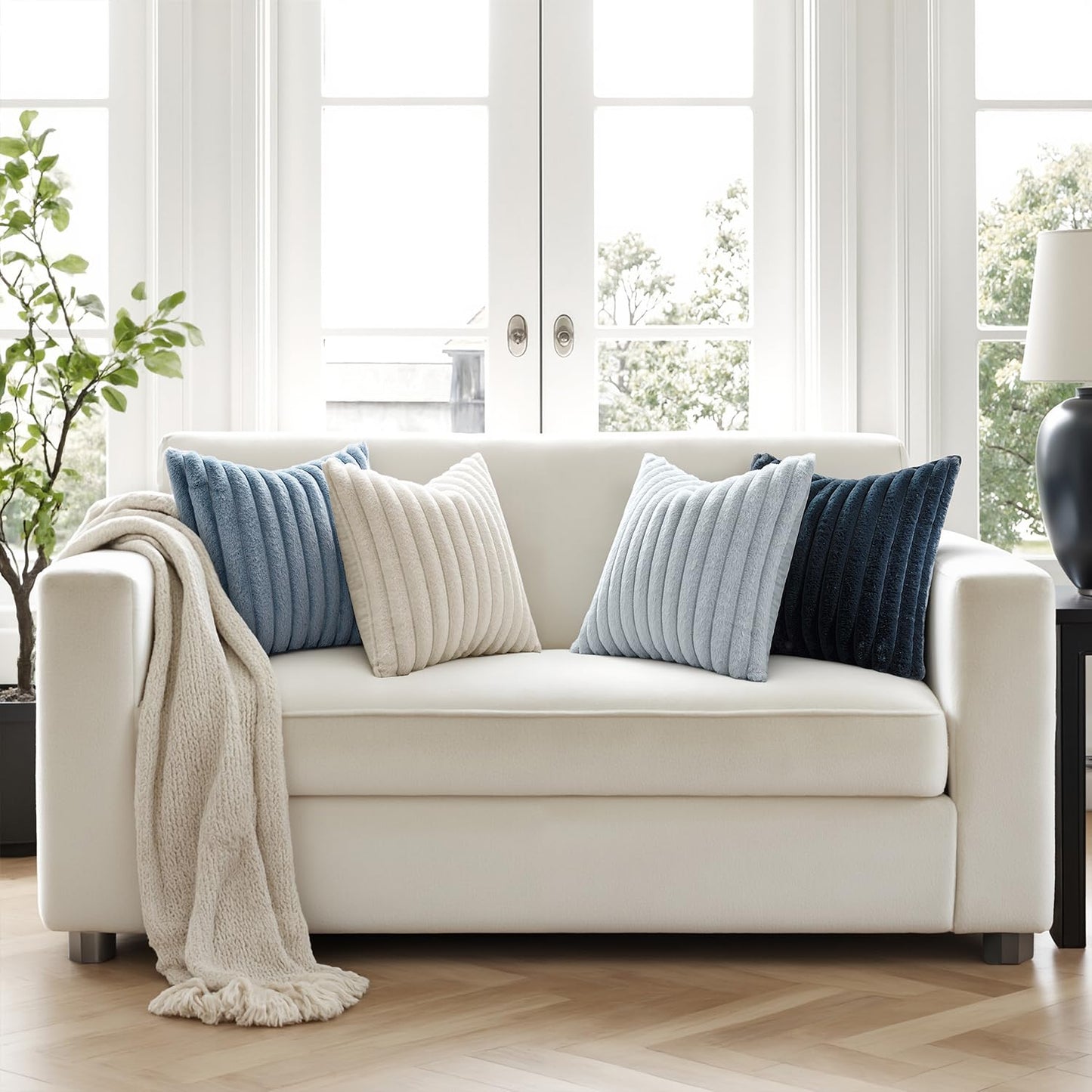 MIULEE Faux Fur Plush Decorative Throw Pillow Covers 18x18 Set of 4, Modern Soft Fuzzy Coastal Striped Cushion Covers for Sofa Couch Bed Living Room Cozy Home Decor,Navy Blue