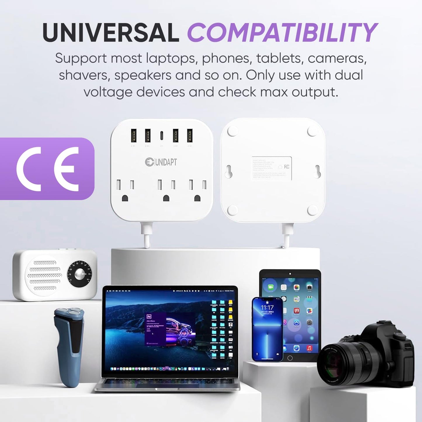 Unidapt European Plug Adapter, Unidapt US to UK Europe Power Strip for EU/UK/US with USB C and 4 USB Ports, 3 AC Outlets, Wall Mountable, 5ft Cord, for Travel Cruise Ship Home (WSS-603)