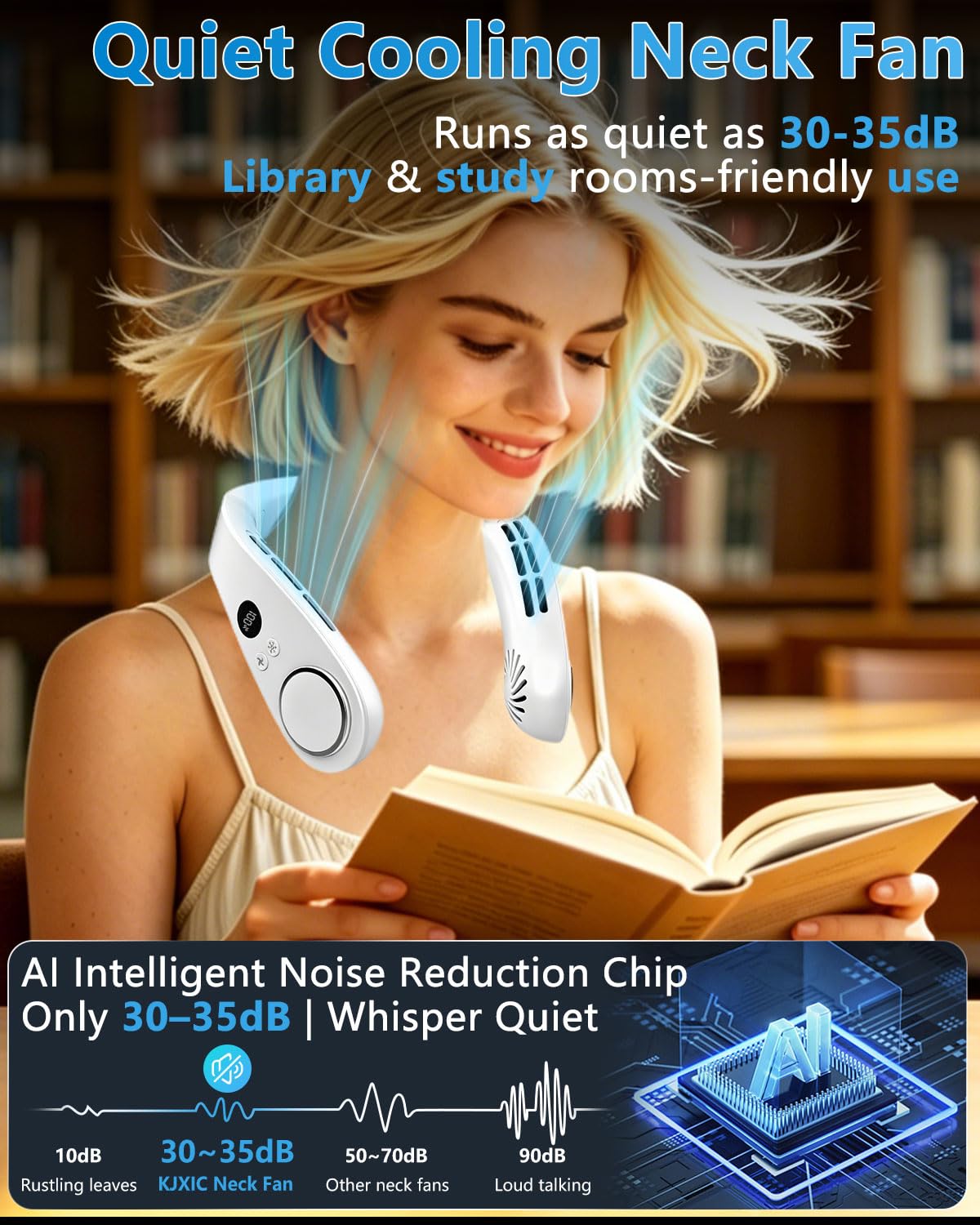 Neck Fan Rechargeable-5 Adjustable Speeds,1S Cool Down,Bladeless Hands Free with Metal Cooling Plate, 3-24H Long Lasting Battery Powered,Small Silent Hanging Neck Fans for Women,Men, Kids,White