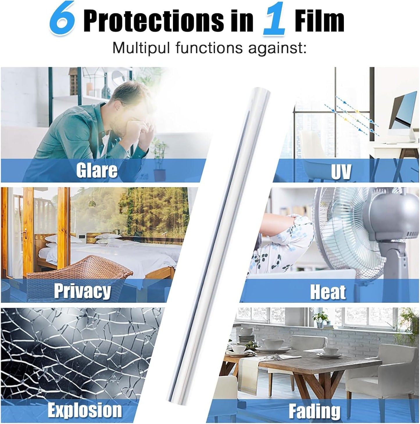 Homein One Way Window Film Reflective Heat Blocking & Sun Blocking, Privacy Film for Windows, Tint Mirror for House Windows, Heat Reflective & Control, Static Cling, Silver, 60x200cm