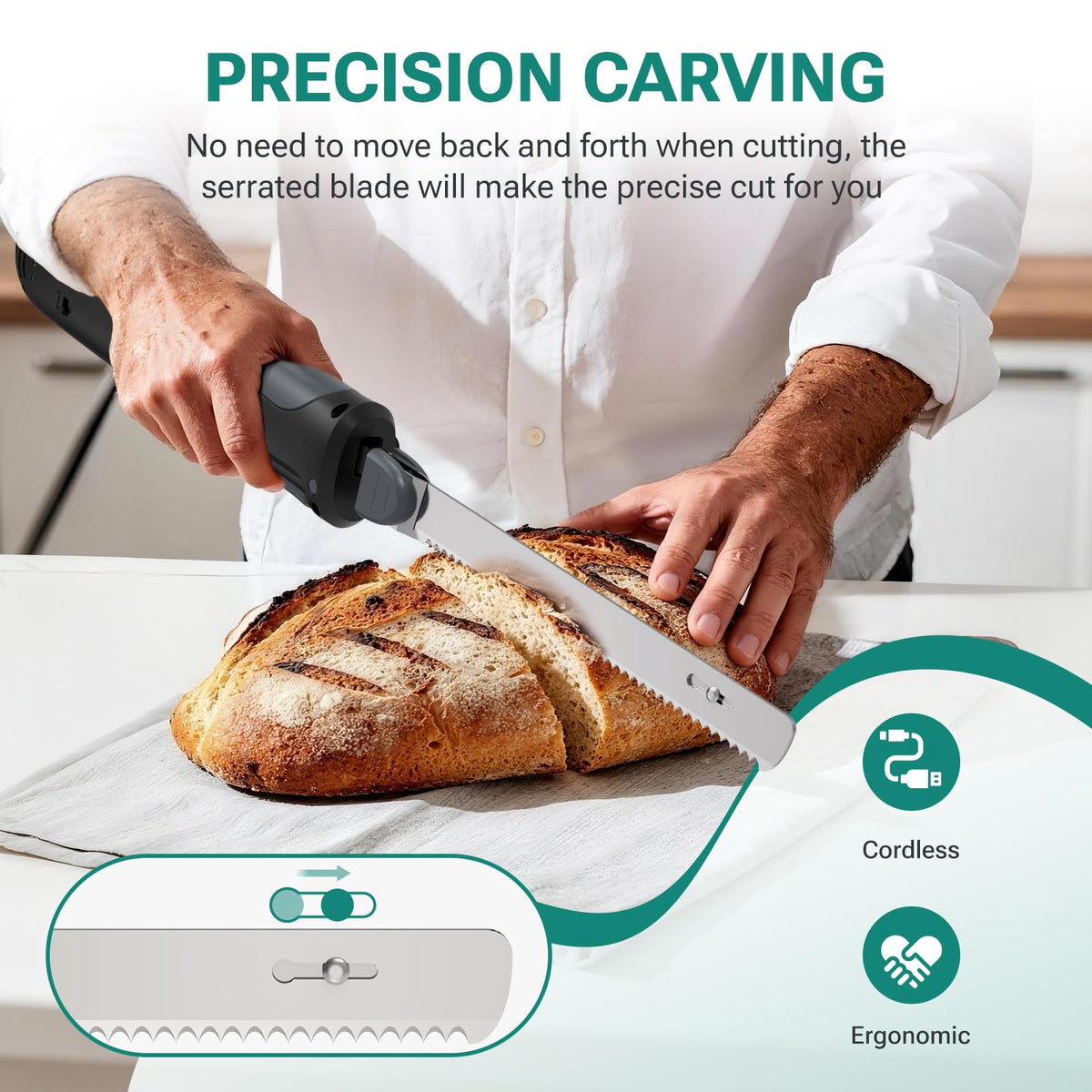 VLOXO Cordless Electric Knife, Rechargeable Electric Knife with 2 Ti-Nitride S.S. Coated Non-Stick Blades Non-Slip Handle Safety Lock Electric Carving Knives for Bread Turkey