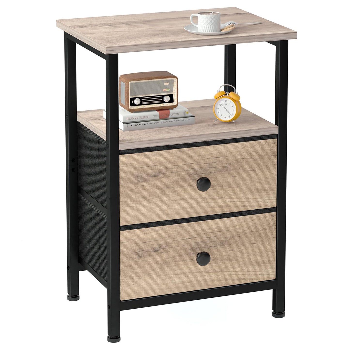 LOAKEKEL Night Stand, Bed Side Table with 2 Fabric Drawer for Living Room, Nightstand with Large Storage Space, End Table with Shelf for Bedroom, Grey, HETS002GY-1