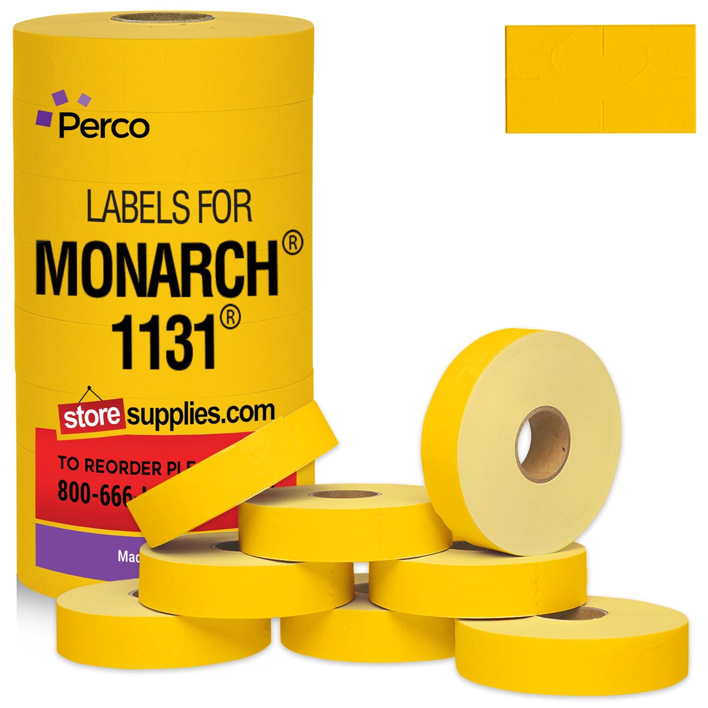 Perco Yellow Pricing Labels for Monarch 1131 Price Gun - 1 Sleeve, 8 Rolls, 20,000 Price Marking Labels - with Ink Roll Included