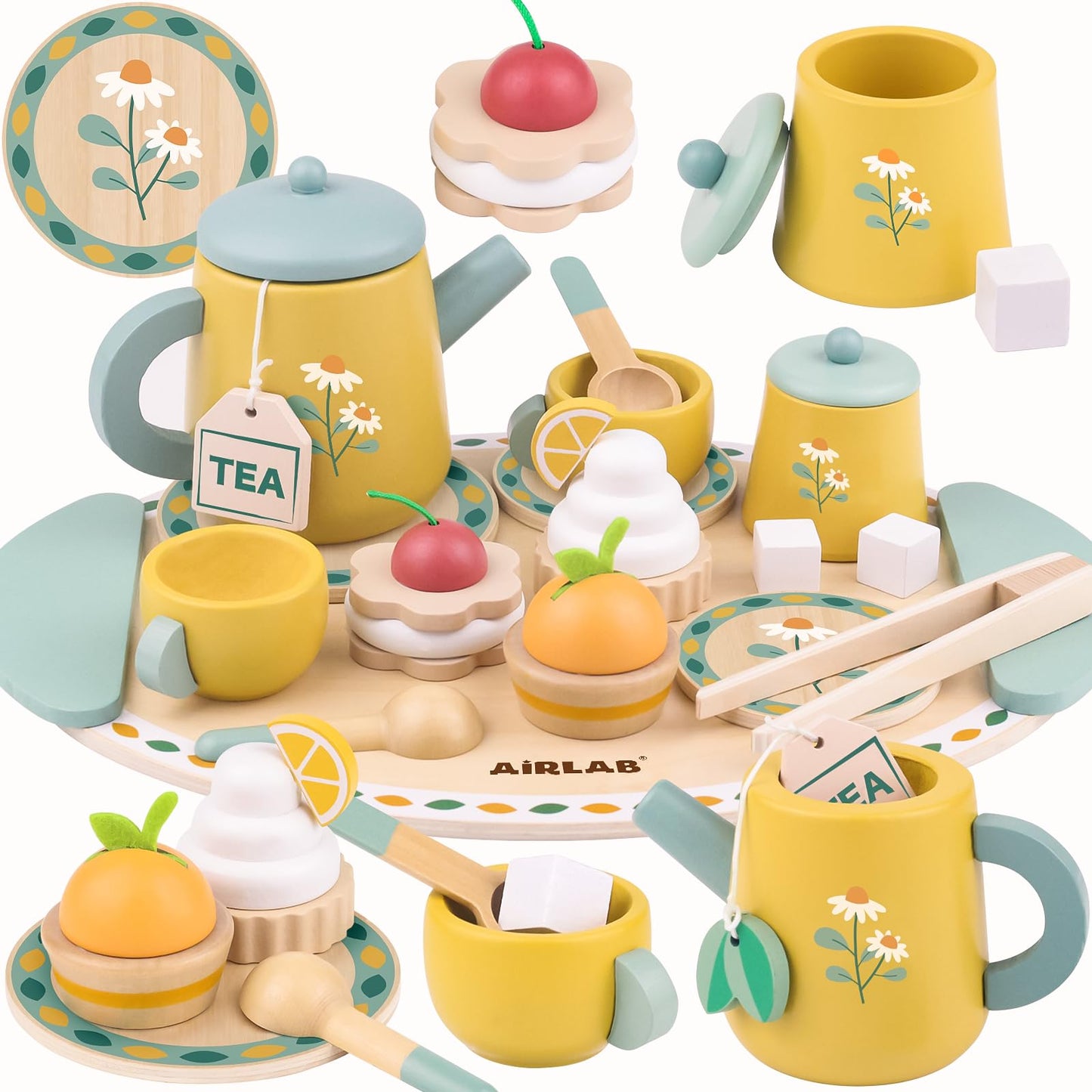 Airlab Tea Sets for Toddlers 3-5 Girl Birthday Gift 2 Year Old Princess Party Wooden Play Food Toy Sets for Kids Kitchen Accessories Age 3 4 5 6 Wood Educational Toys