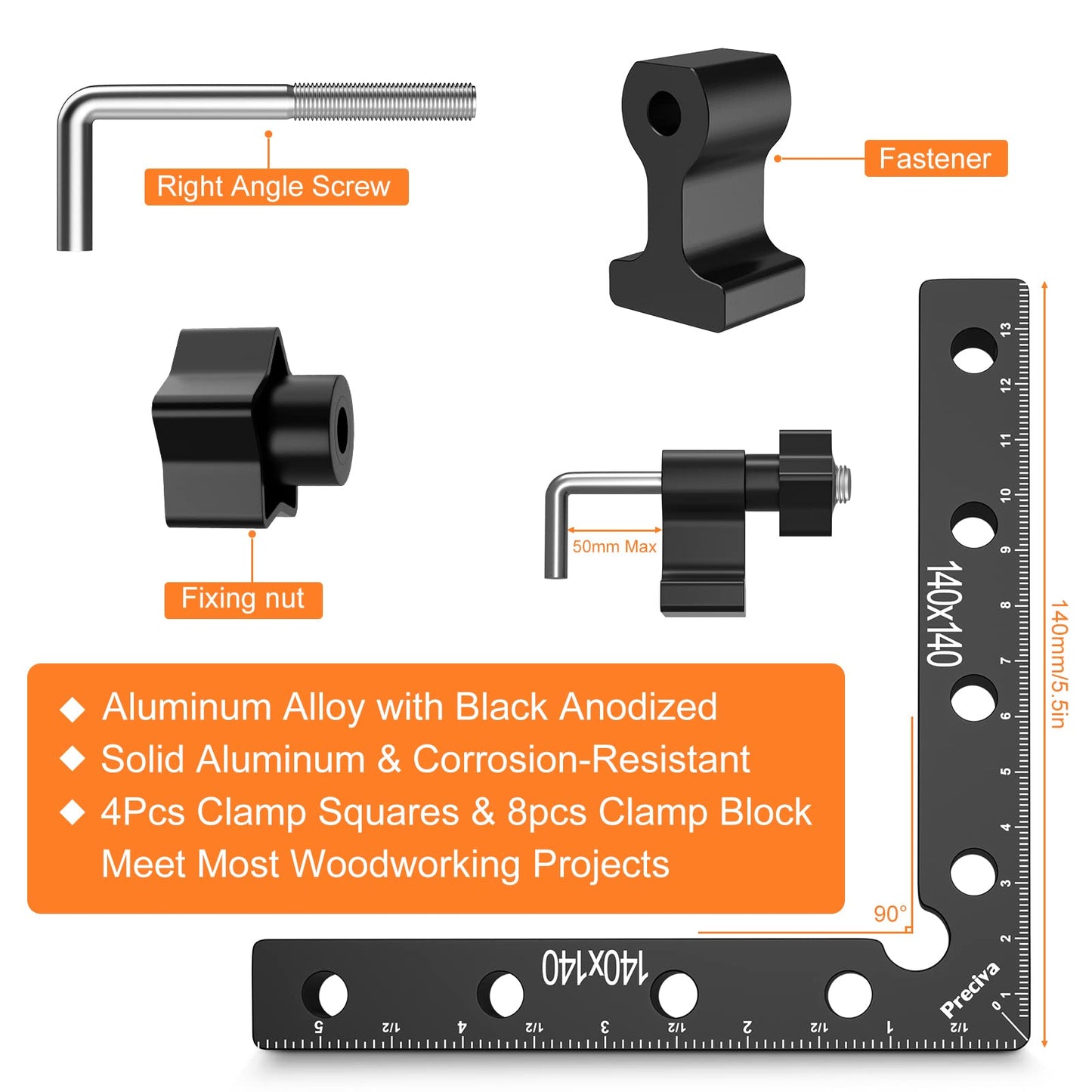 Preciva 90 Degree Positioning Squares (14cm/5.5"), Aluminum Alloy Right Angle Clamps Fixing Clamp, Professional Woodworking Tools Carpenter Squares for Picture Frame Box (5.5inch*4 Pack) (4)