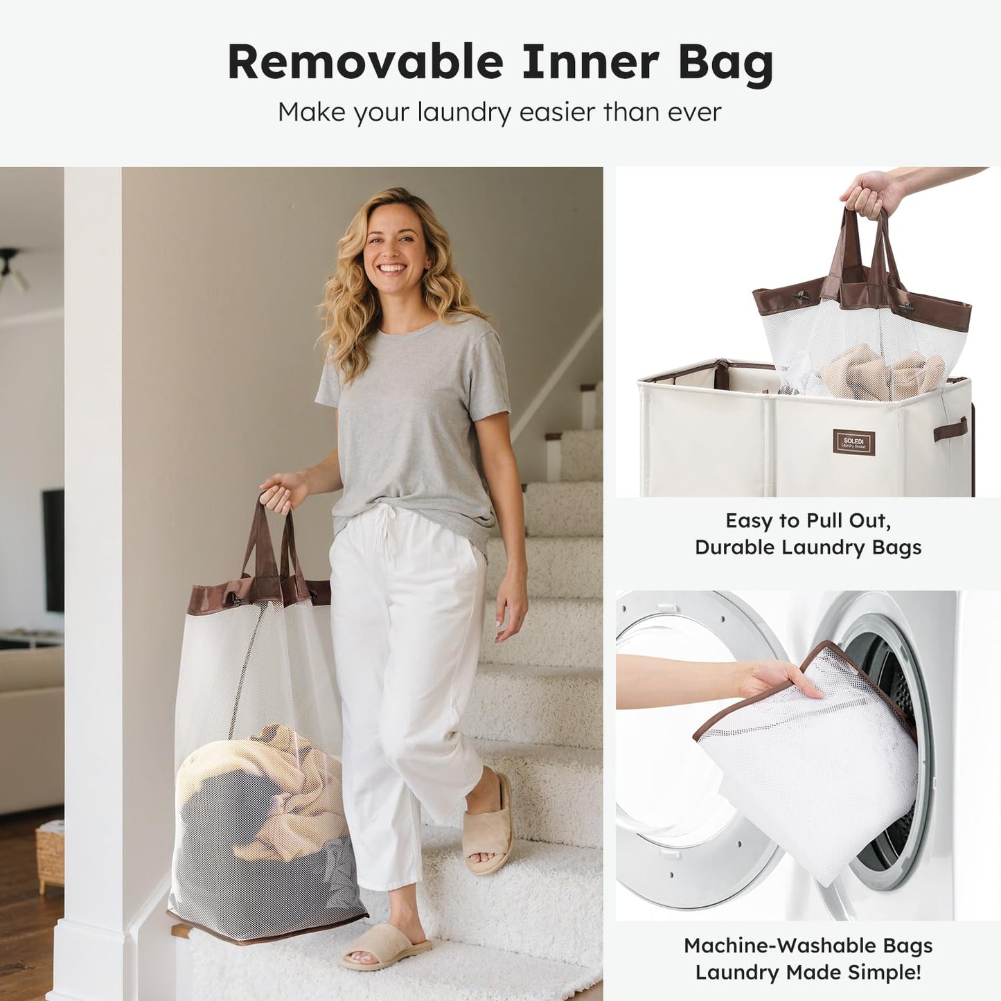 SOLEDI 180L 4-Section Laundry Hamper with Lid,Dirty Clothes Hamper with Removable Bag,Large Laundry Basket 2 Section with 2 Side Pockets,Collapsible,Easy to Carry,for Laundry Room,Bedroom,Light Beige