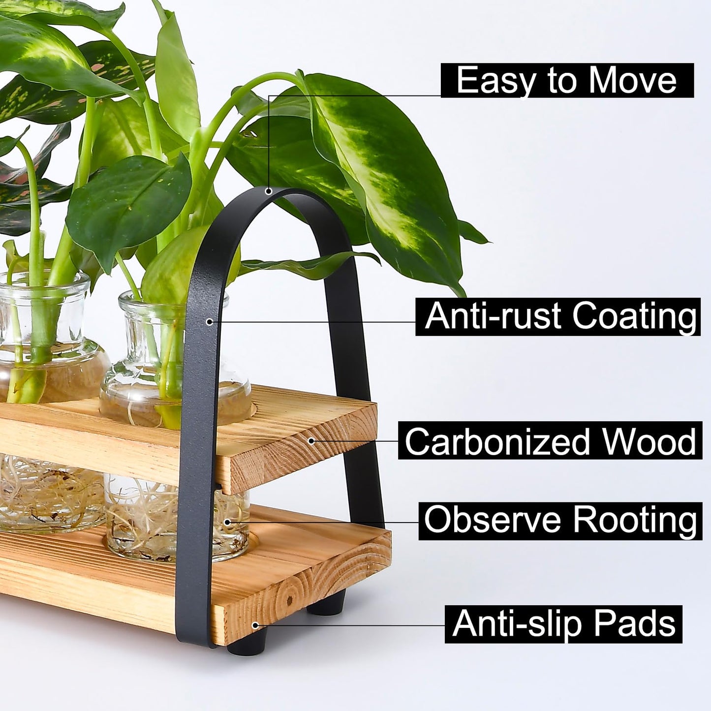 VIKEYHOME Plant Propagation Station with Wood Stand, Desktop Terrarium for Hydroponic, Flower Vase for Home, Kitchen, Office Decor, Plant Lover Gifts
