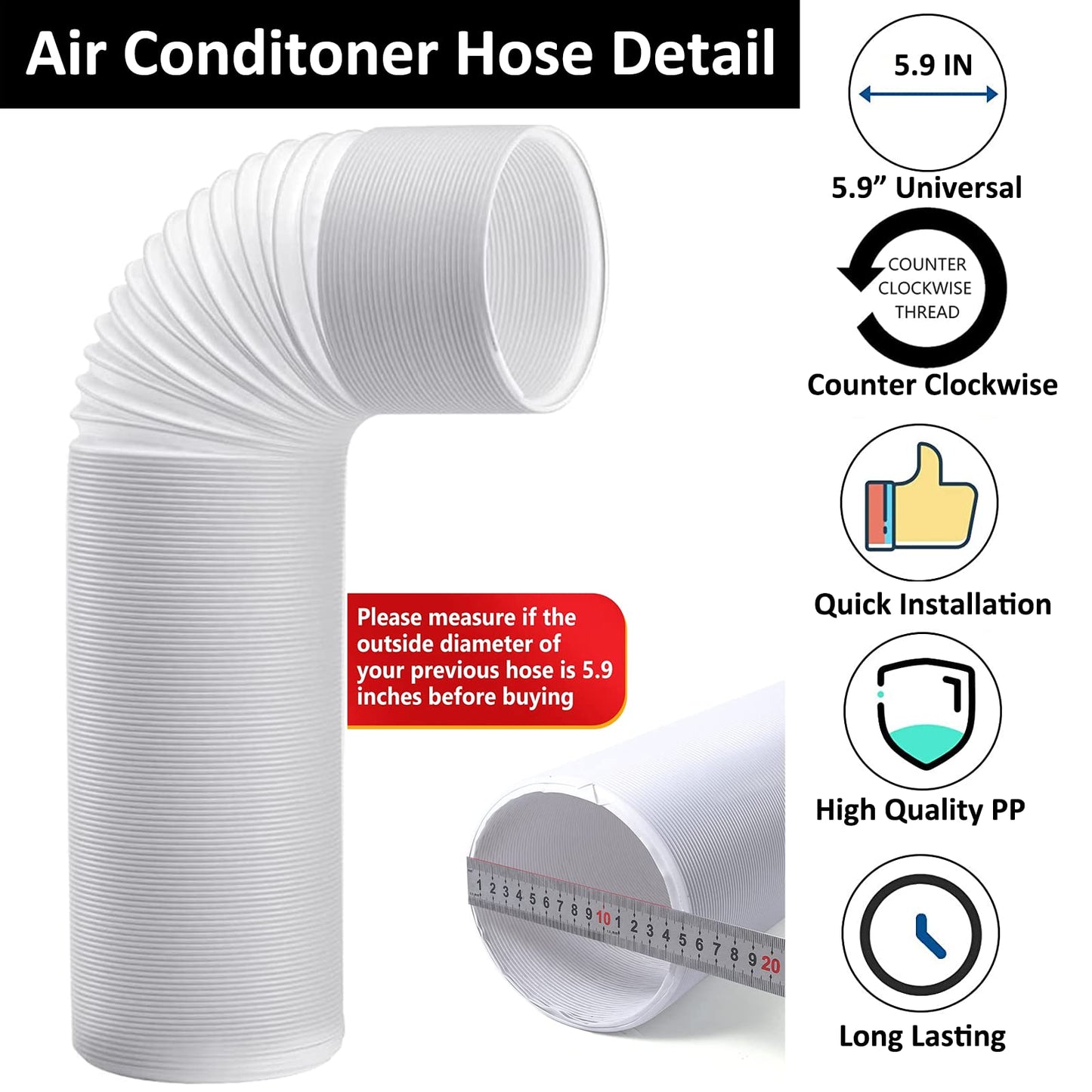 FUBININA 80" Portable Air Conditioner Hose, AC Hose with 5.9" Diameter, Anti-Clockwise Thread AC Exhaust Hose for Portable AC Vent Replacement Tube Compatible with LG Air Conditioner Part