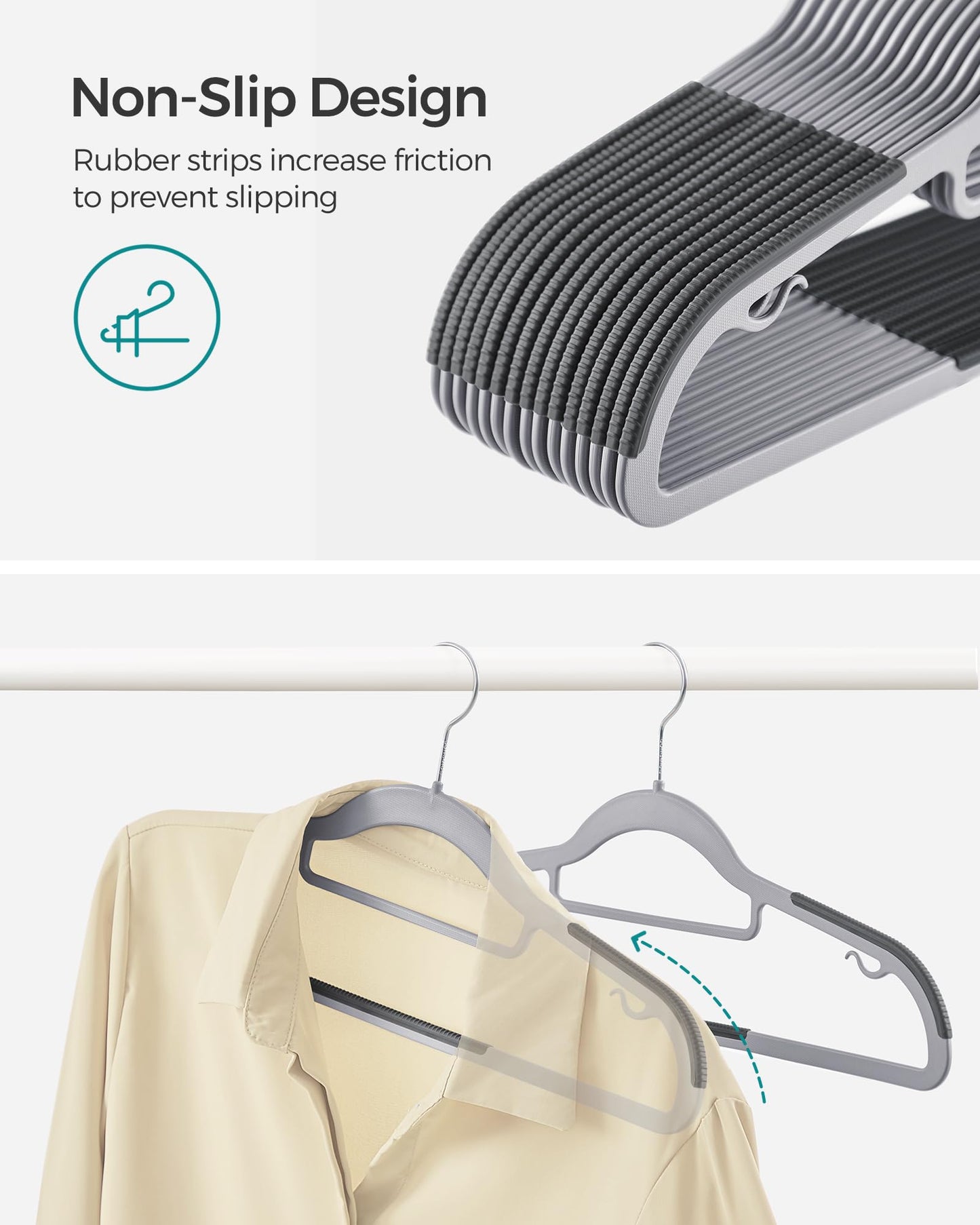 SONGMICS Pack of 50 Coat Hangers, Heavy-Duty Plastic Hangers, Clothes Hangers, Light and Dark Gray UCRP20G50