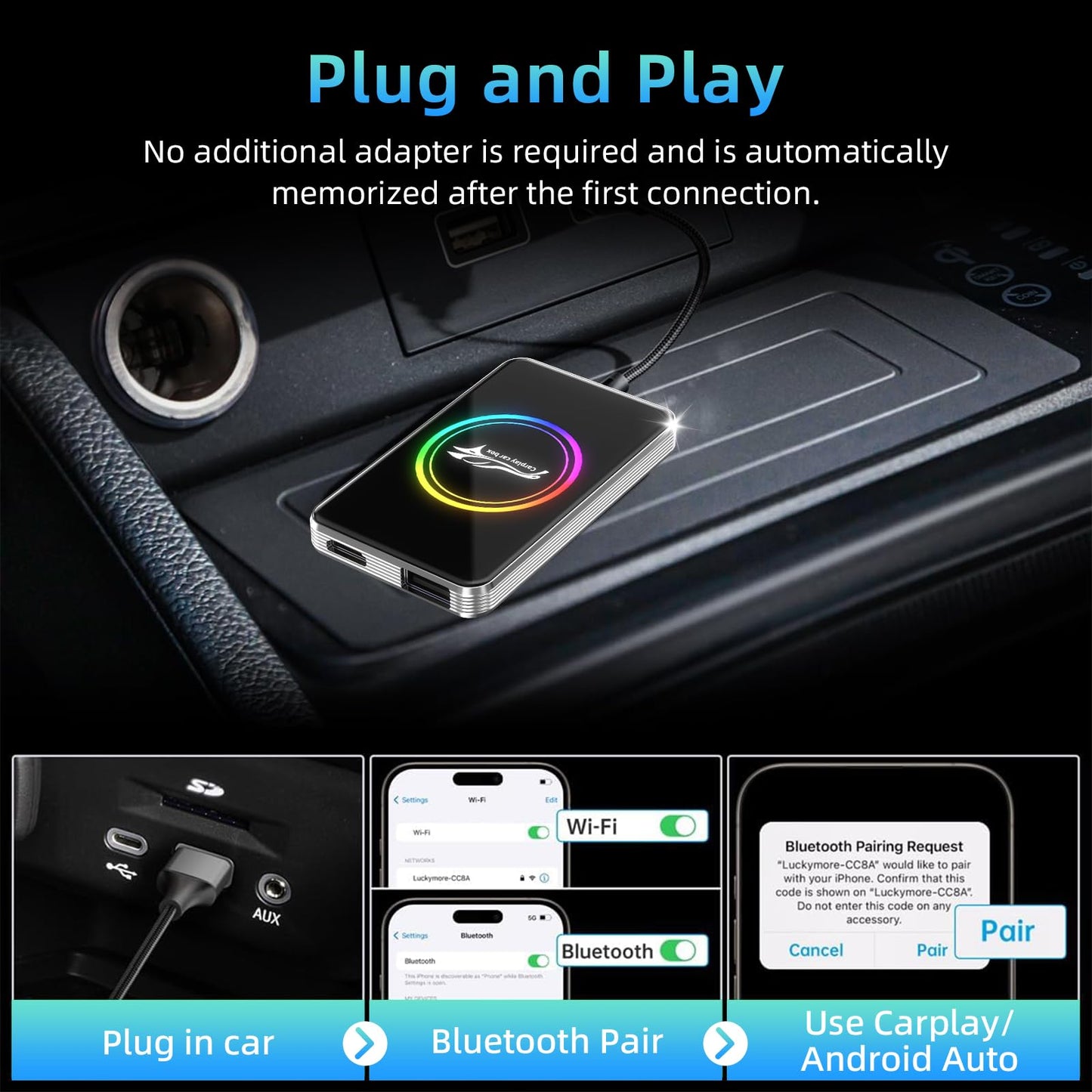 3-in-1 Wireless CarPlay Adapter，AI Magic Box Support Netflix/YouTube/TikTok, Plug & Play, 4GB+32GB ROM, Android 13 System, WIFI6 & Bluetooth 5.4, Fit with iPhone 6+/iOS10+/Android 11+
