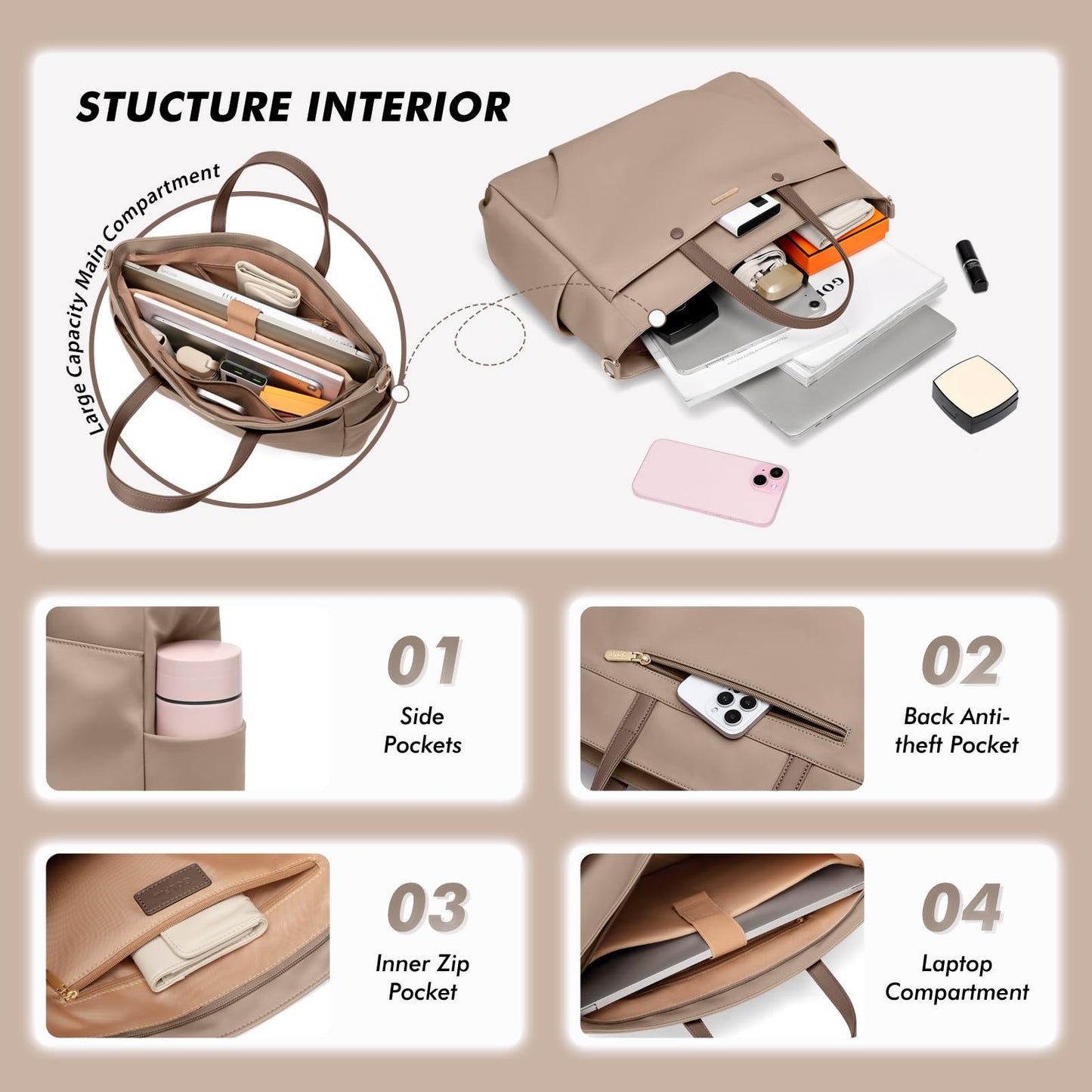 Laptop Tote Bag 15.6 Inch, Computer Shoulder Bag Large Work Tote Bag for Women, Laptop Carrying Case Stylish Handbag for Business Travel (Champagne)