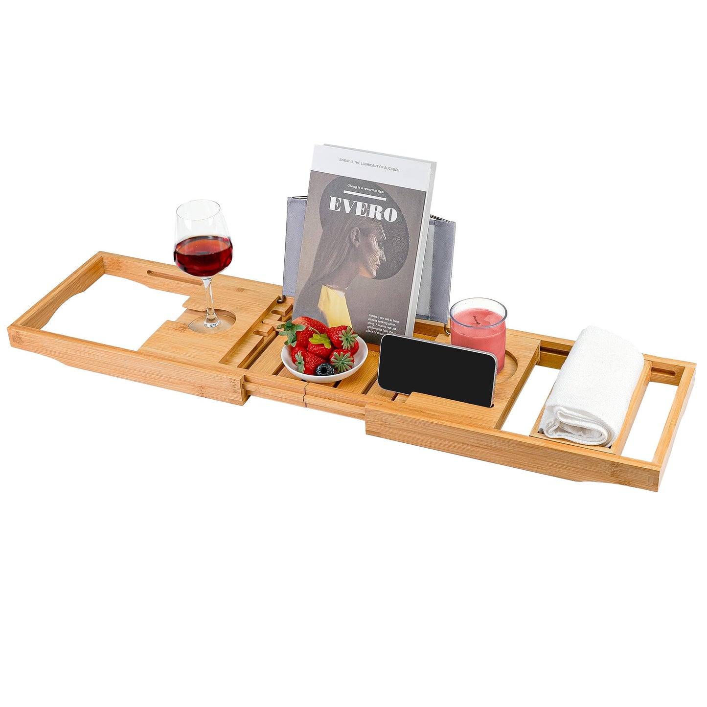 Utoplike Bathtub Caddy Tray, Bamboo Tub Tray with Sliding Towel Holder, Bath Table with Book Holder, Phone Stand and Adjustable Book Reading Rack, Tablet Slots