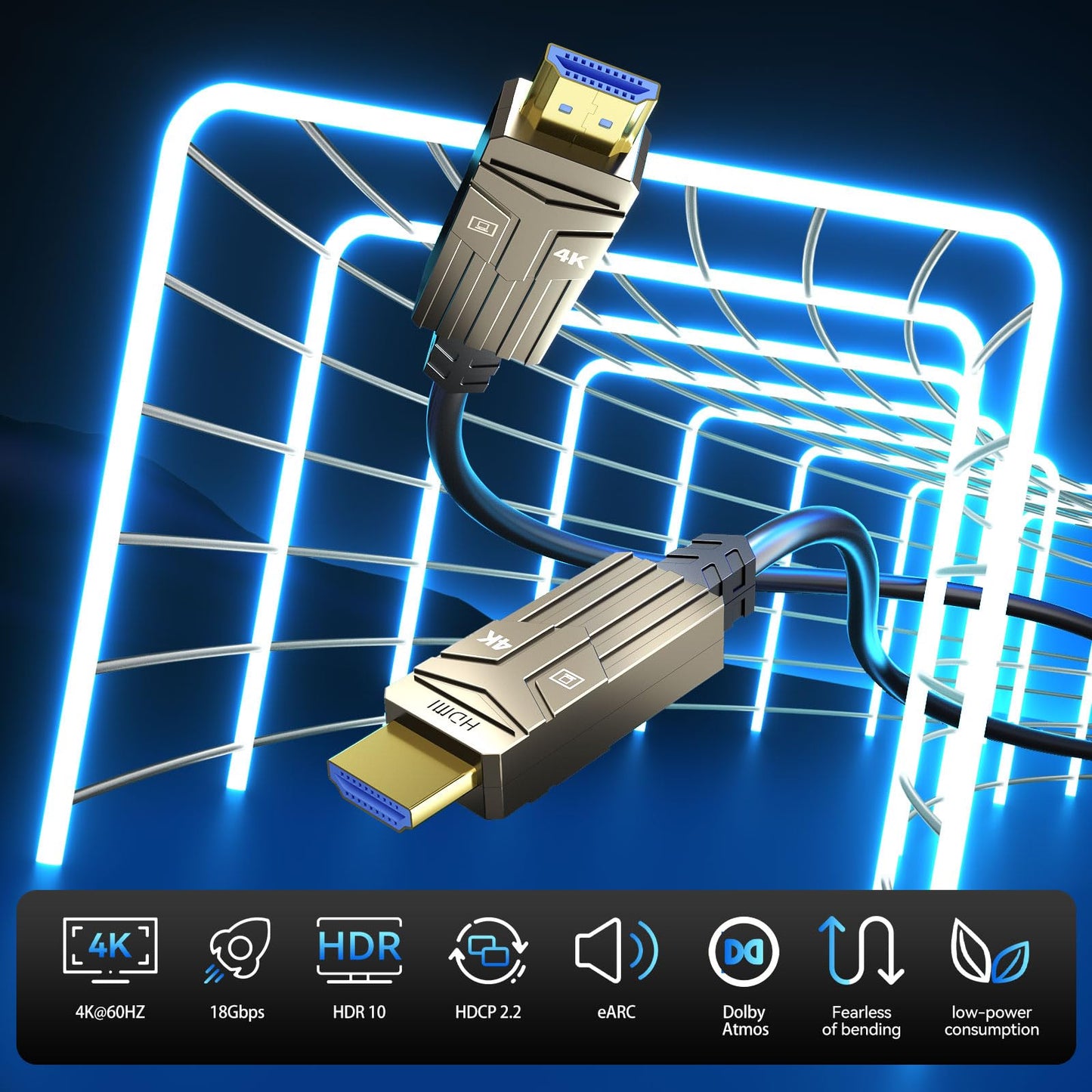 Soonsoonic Fiber Optic HDMI Cable 150ft,18Gbps 4K@60Hz(4:4:4) Unidirectional Active 2.0 Cord,Support HDR10 ARC HDCP 2.2 3D CEC Atmos DTS:X, Ultra high Speed Flexible and Slim（45m）