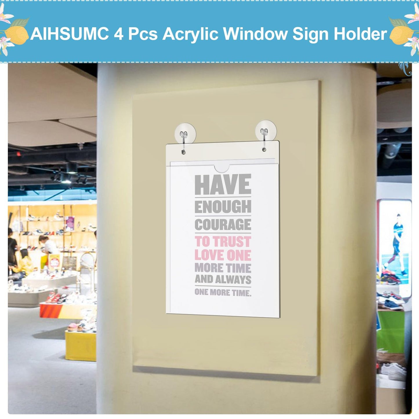 AIHSUMC 4 Pcs Acrylic Window Sign Holder, 8.5 x 11 Inch Hanging Acrylic Sign Holder, Wall Mount Paper Display Ad Frame with Tape,Mounting Screws,Suction Cups Hooks for Mall Office Store Restaurant