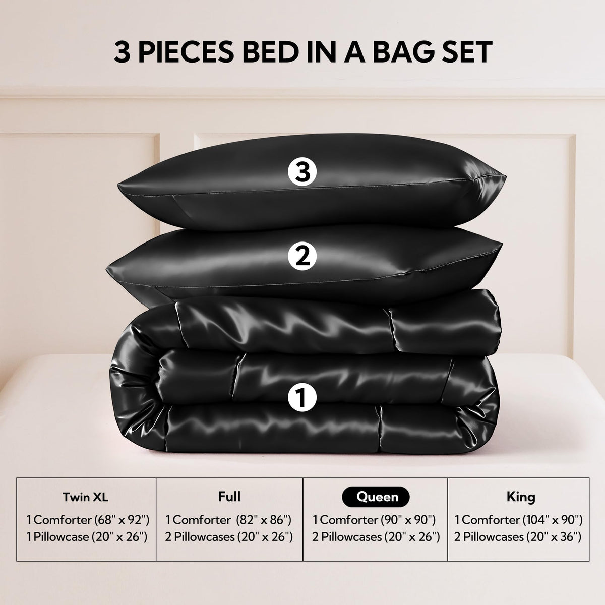 MR&HM Queen Comforter Set Black, Reversible Satin Microfiber Comforter Set for All Seasons, 3 Pieces Non-Slip Silky Soft Bedding Sets with 1 Comforter (90"x90") and 2 Pillowcases (20"x26")