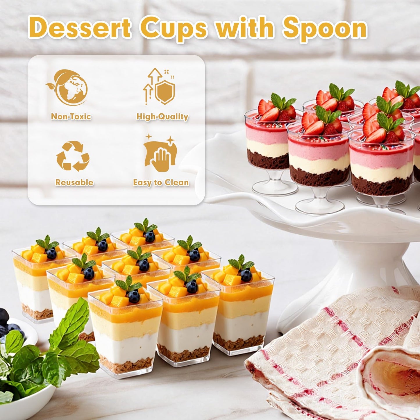 mwellewm 300 Pack Mini Plastic Dessert Cups with Spoons, 5 OZ Square Parfait Glasses for Party, Reusable Fruit Ice Cream Pudding Appetizer Bowls