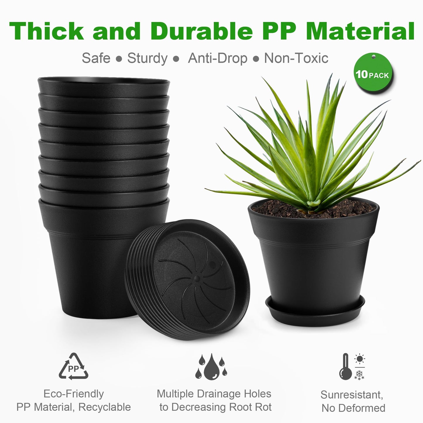 6 inch Plastic Plant Pots with Drainage Holes and Tray, 10 Pack Thickened Indoor Planters Seedlings Nursery Pots for Flowers, African Violet, Succulent and All House Plants, Black