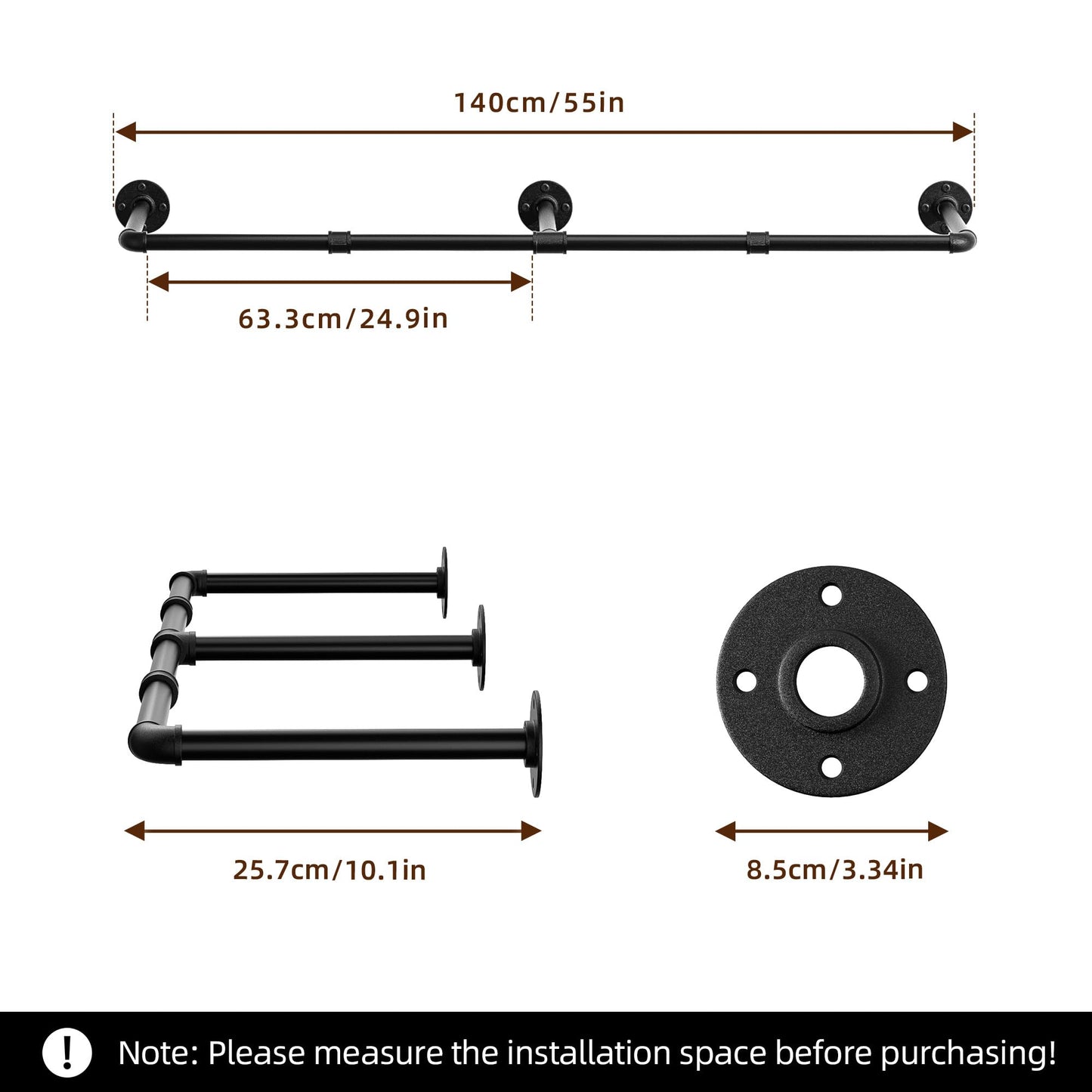 Pickpiff Vintage Clothes Rack, 55" Industrial Pipe Wall Mount Garment Rack, Space-Saving Heavy Duty Clothes Hanger for Closet Storage, 3 Bases, 1-Pack with 6 S-Hooks