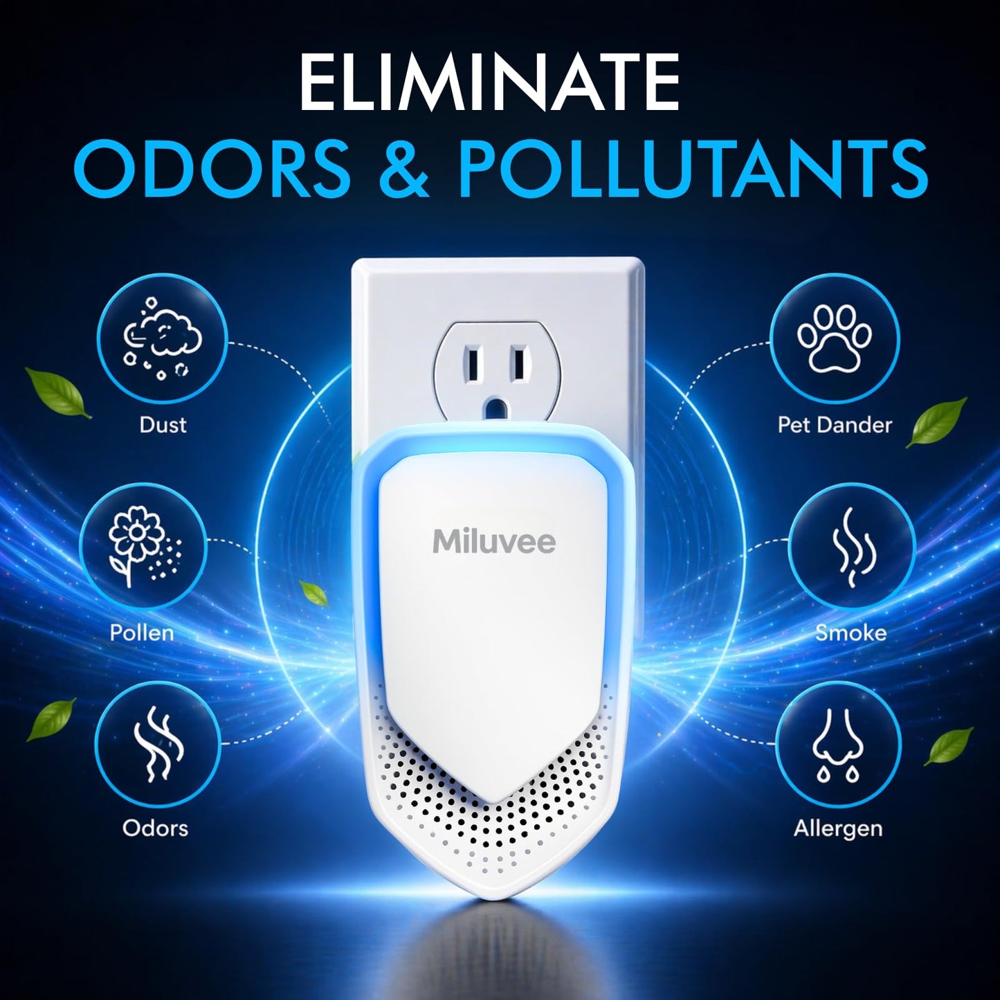 Miluvee Premium Plug In Air Ionizer (2 Pack), Negative Ion Air Purifier for Bedroom, Kitchen & Office | Air Cleaner for Smoke, Dust, Pollen, Pet Dander & Allergen, Mini Odor Eliminator & Air Freshener